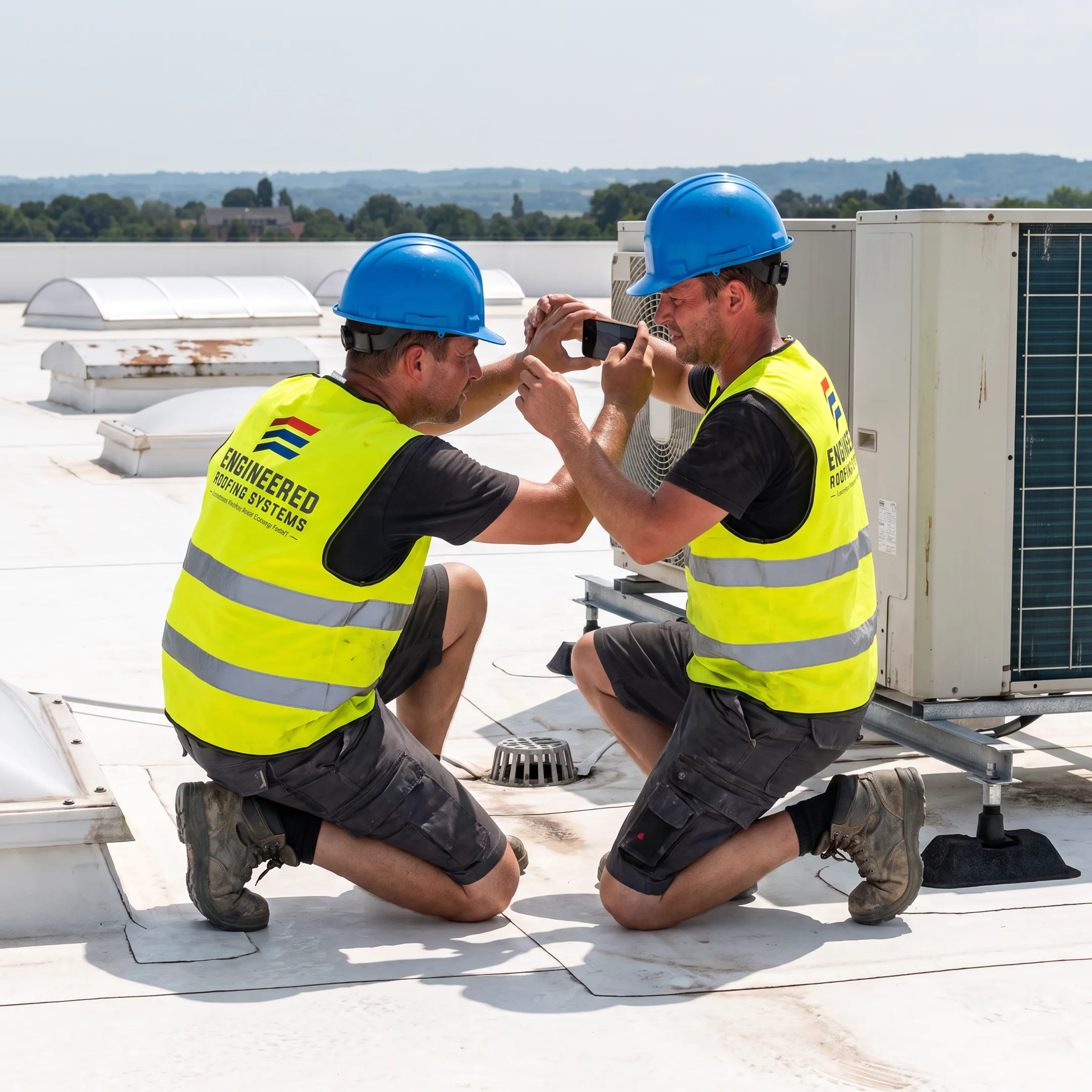 Roofer documenting commercial roof inspection findings