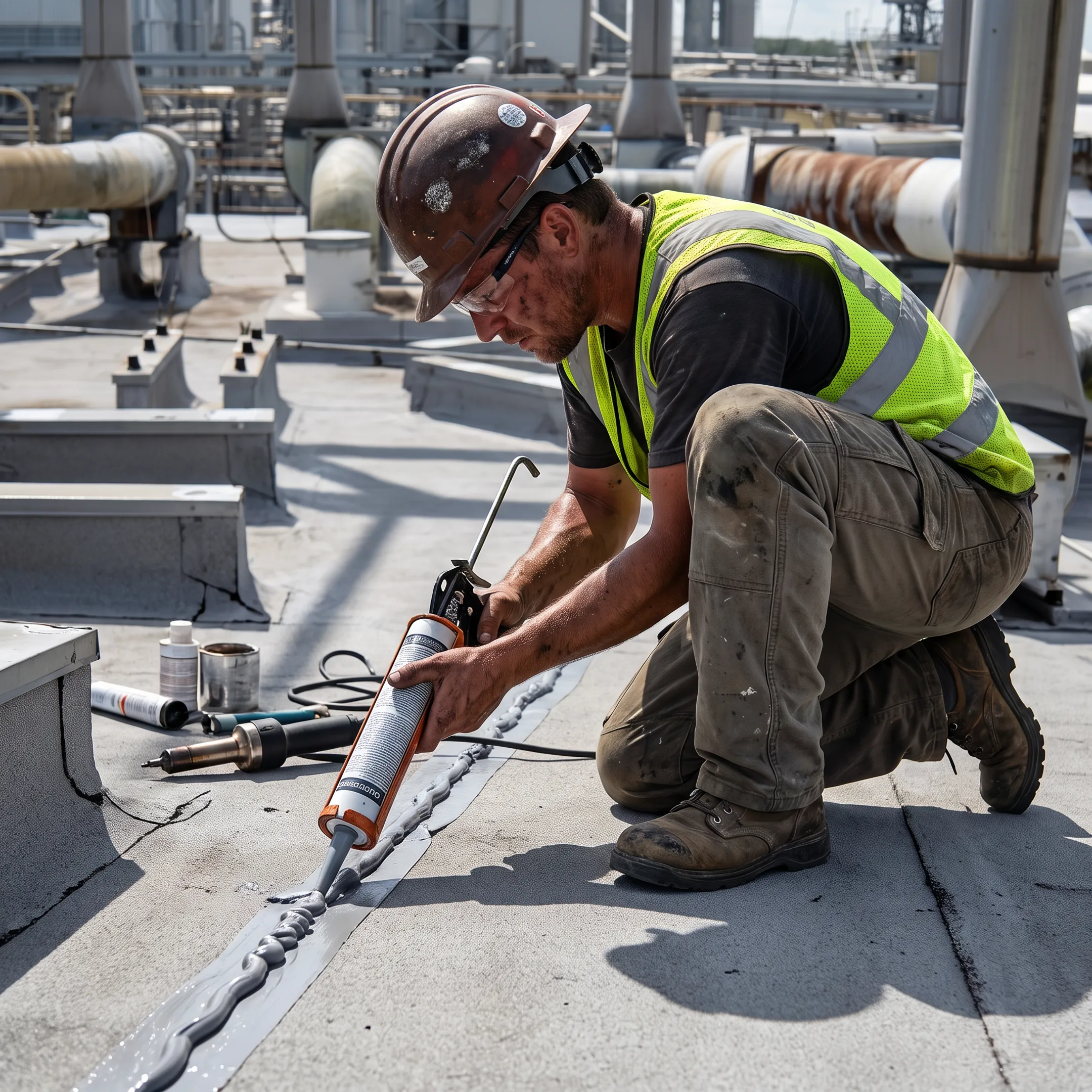 Roofer sealing a commercial roof leak