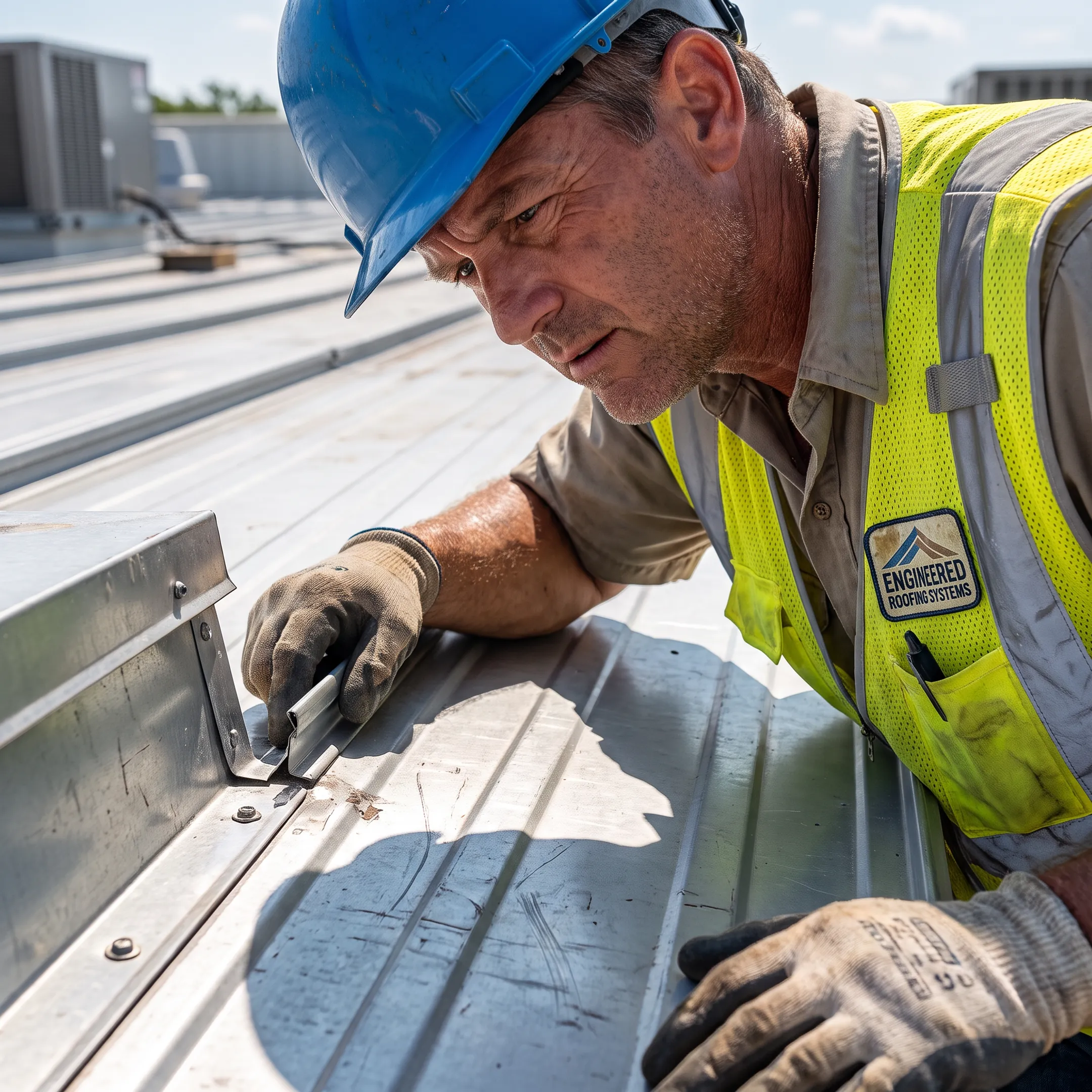 Technician inspecting commercial standing seam metal roof