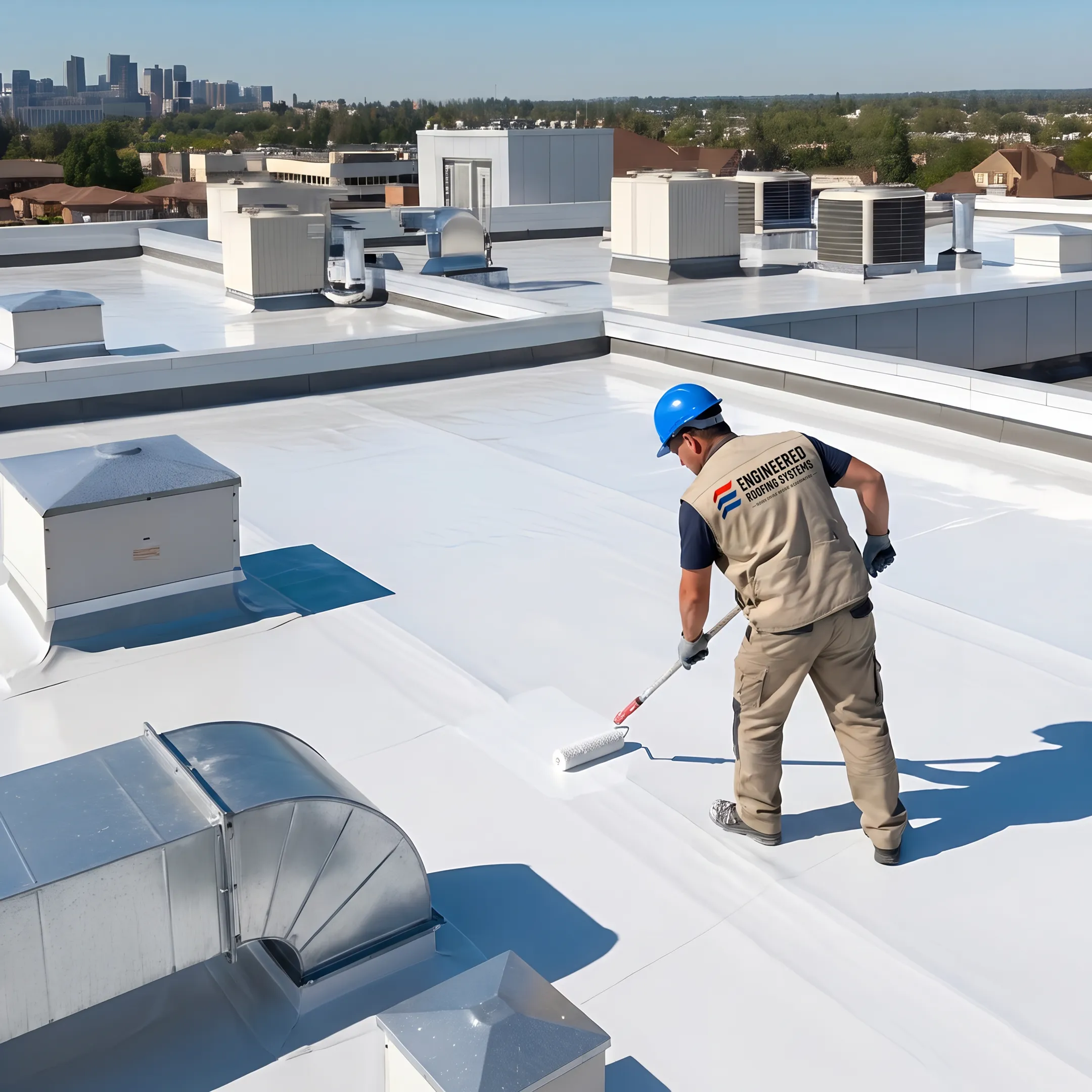 Technician applying a commercial roof coating