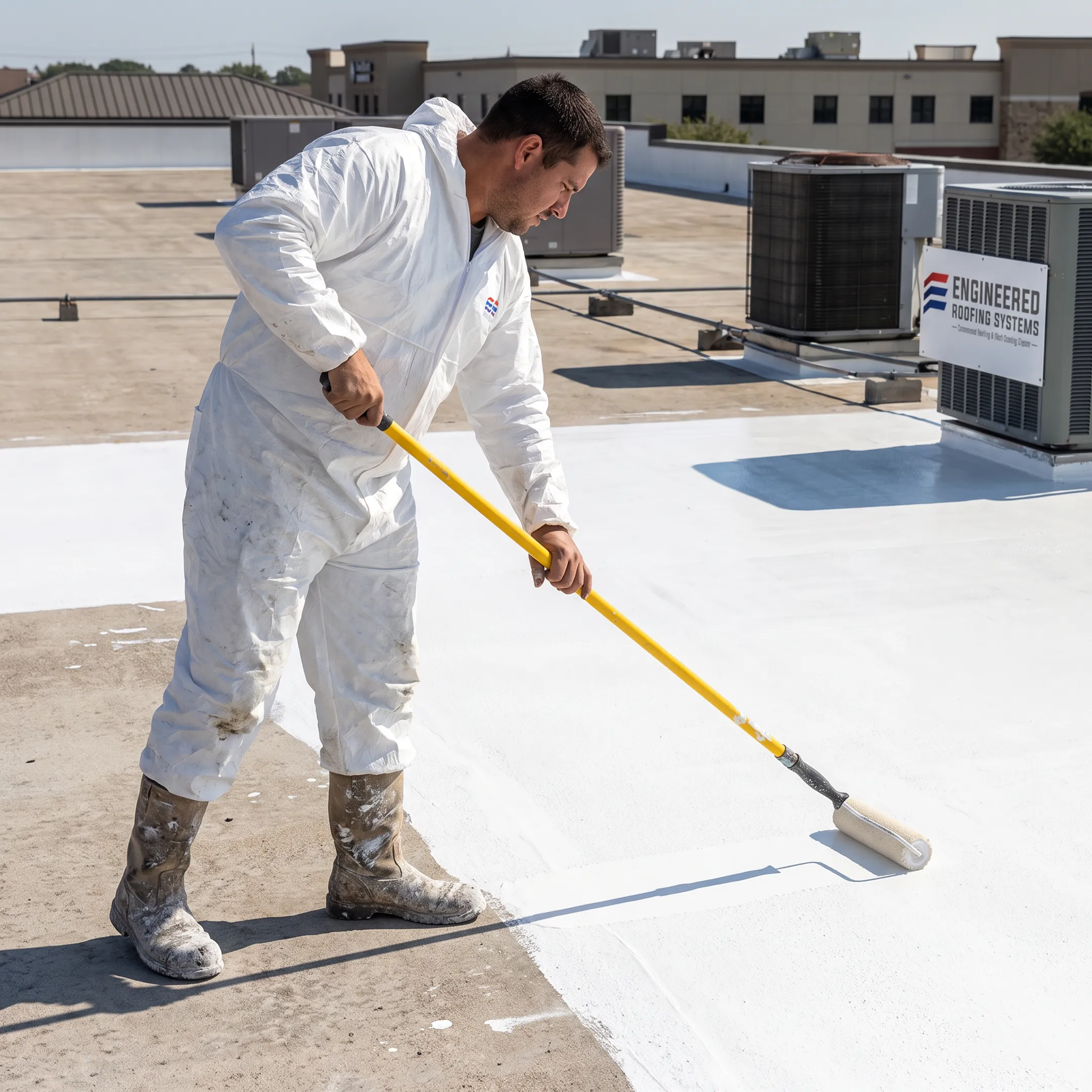 Technician applying coating to flat roof