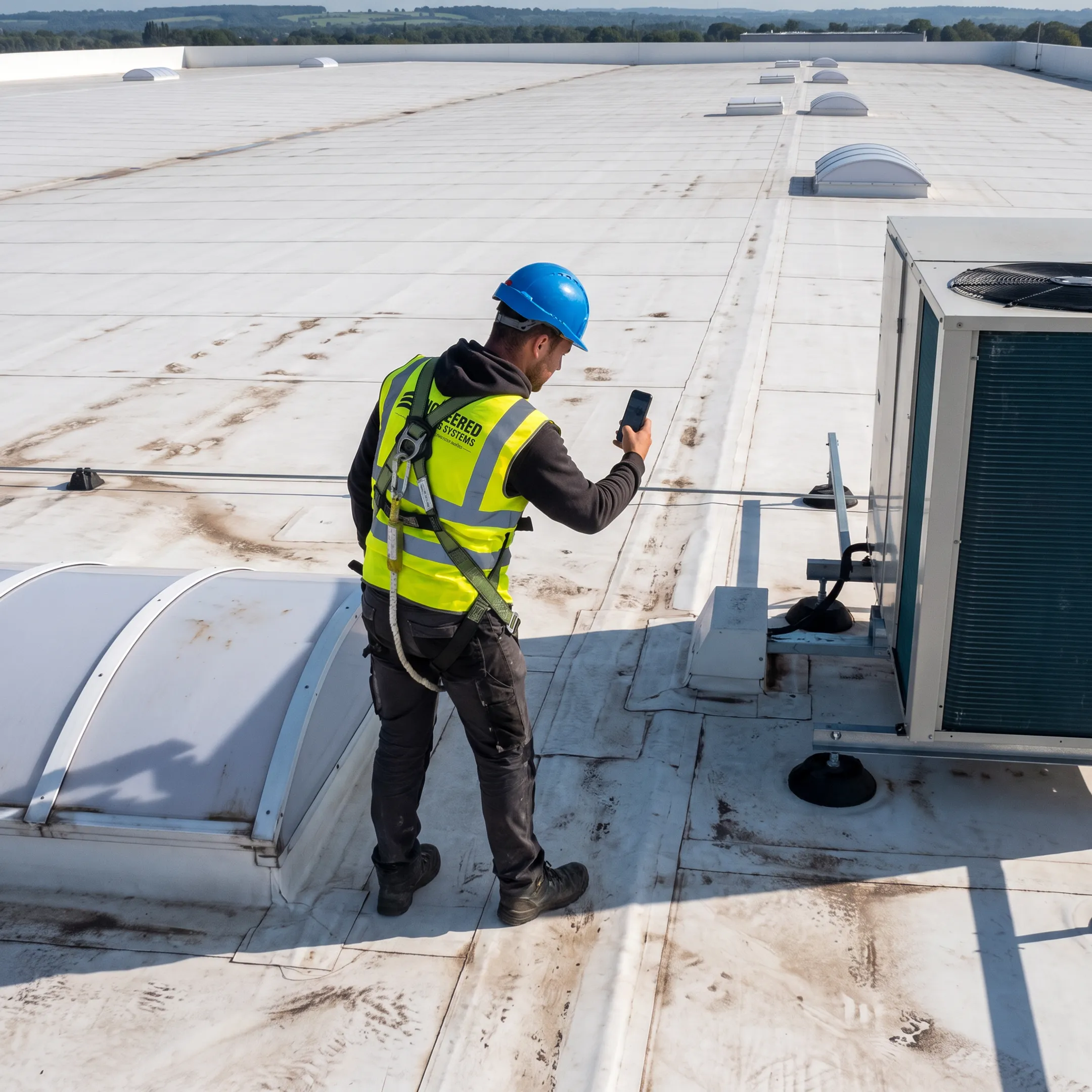 Commercial roofer documenting a roof inspection