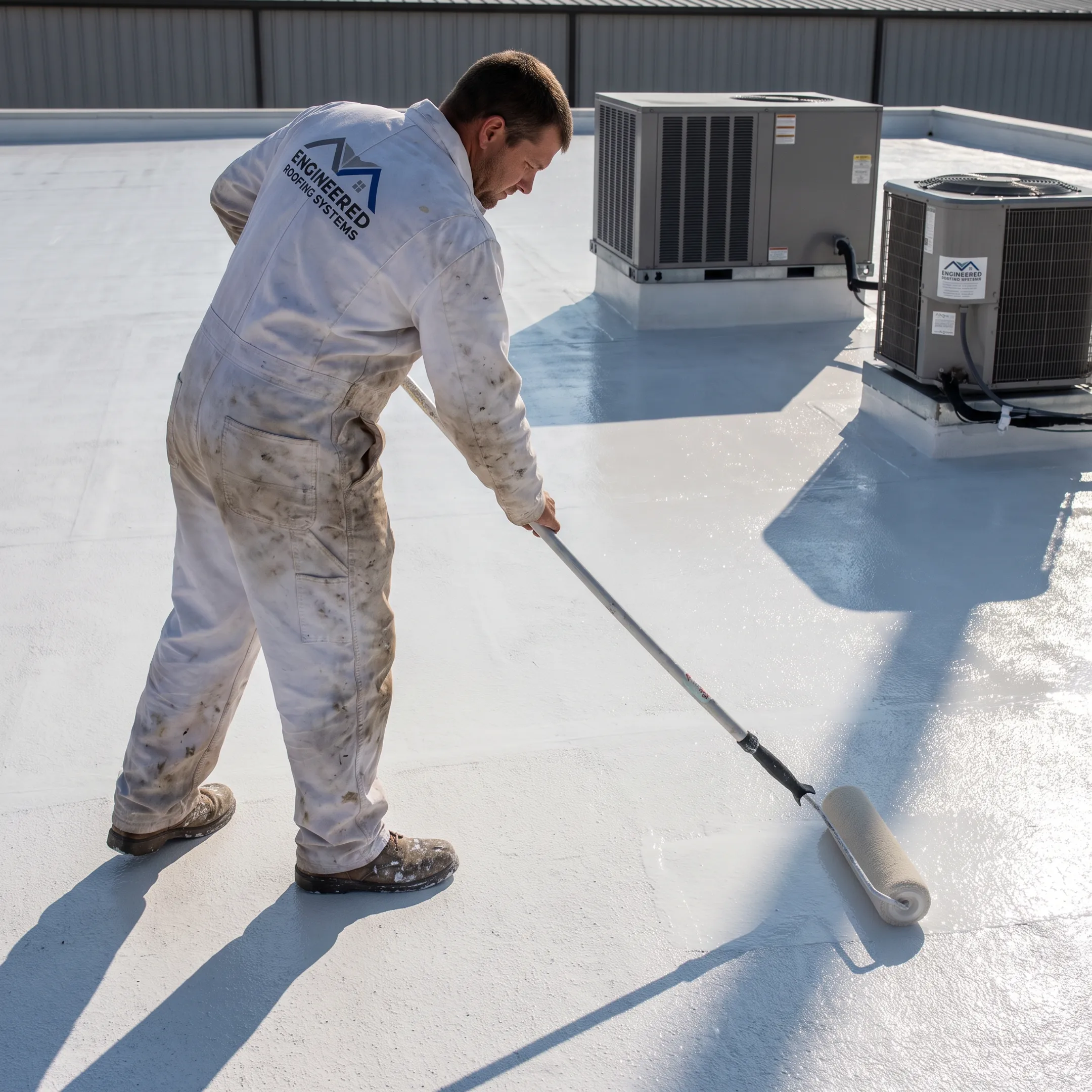 Technician applying a protective commercial roof coating