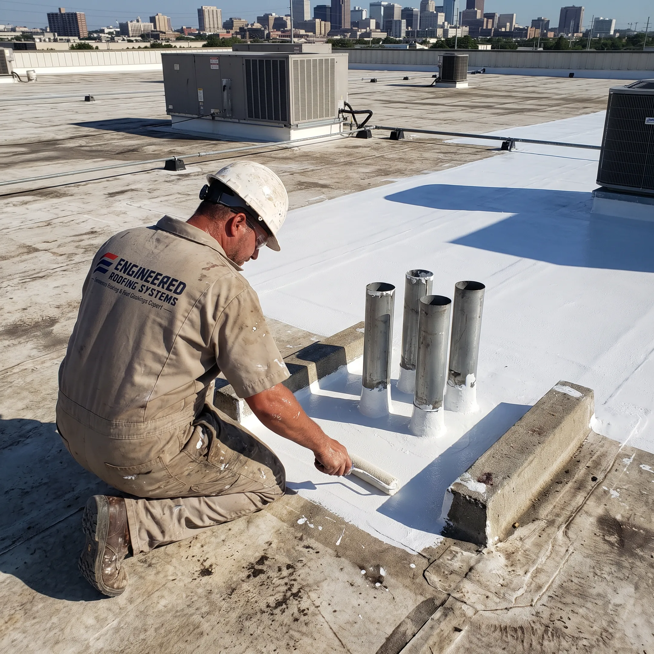 Technician applying a protective roof coating on an industrial roof