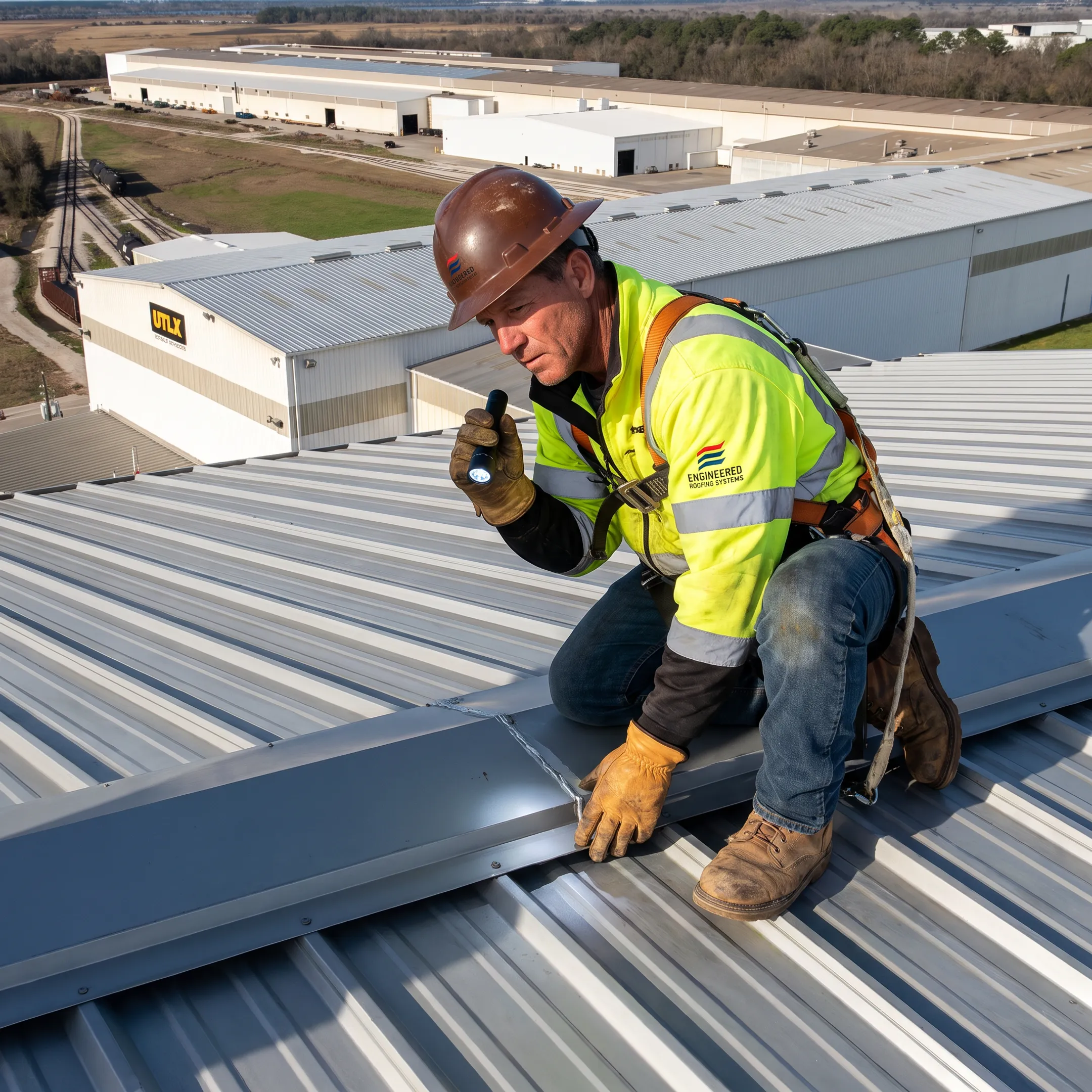 Commercial roofer inspecting metal roof panels