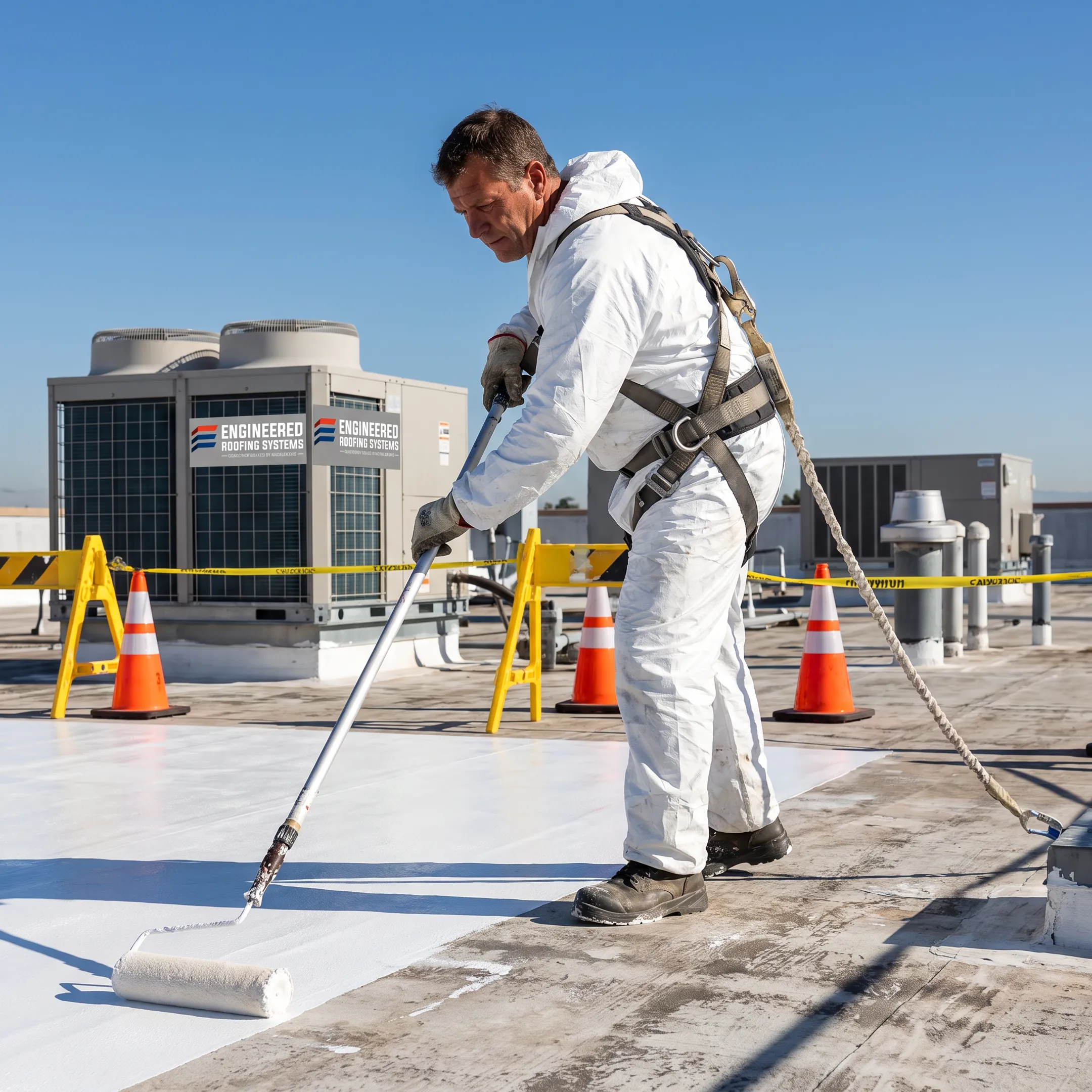 Technician applying protective coating to a commercial roof