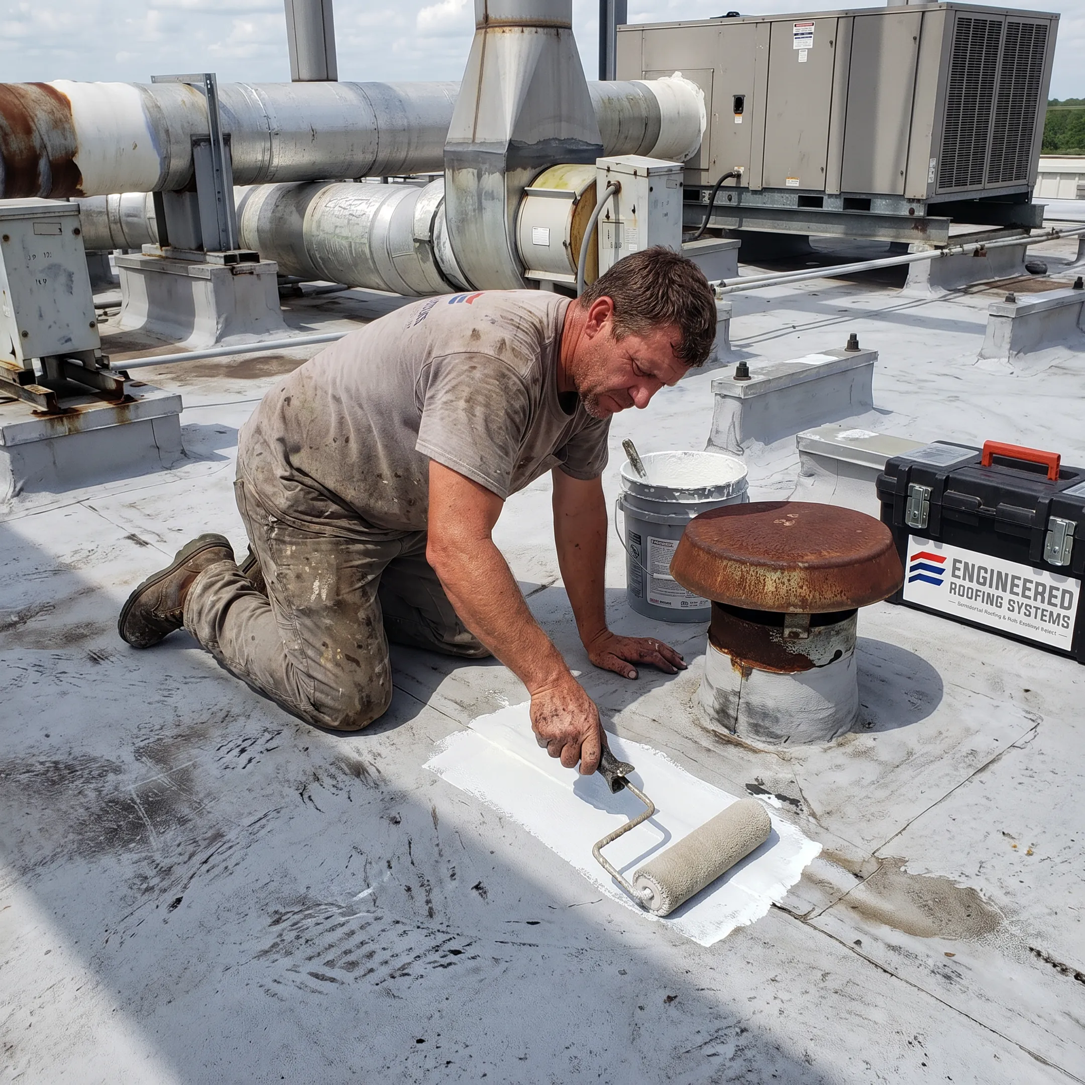 Commercial roofer repairing a warehouse roof