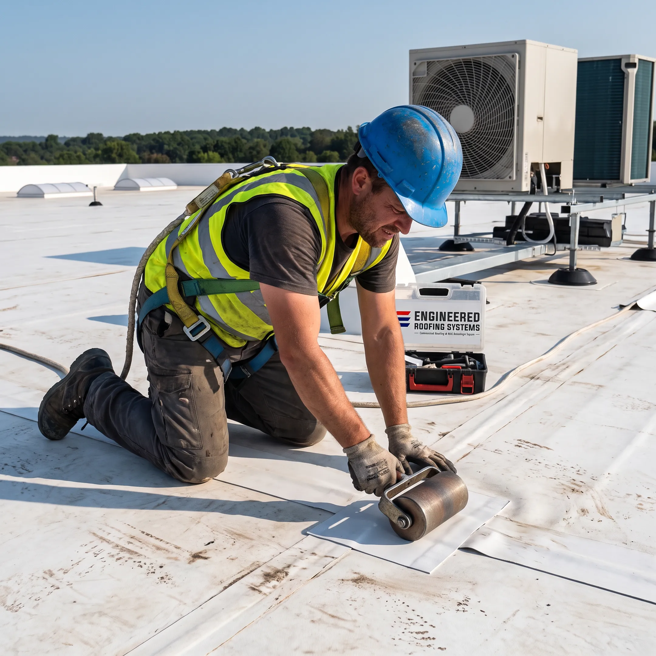 Commercial roofer repairing a membrane roof seam