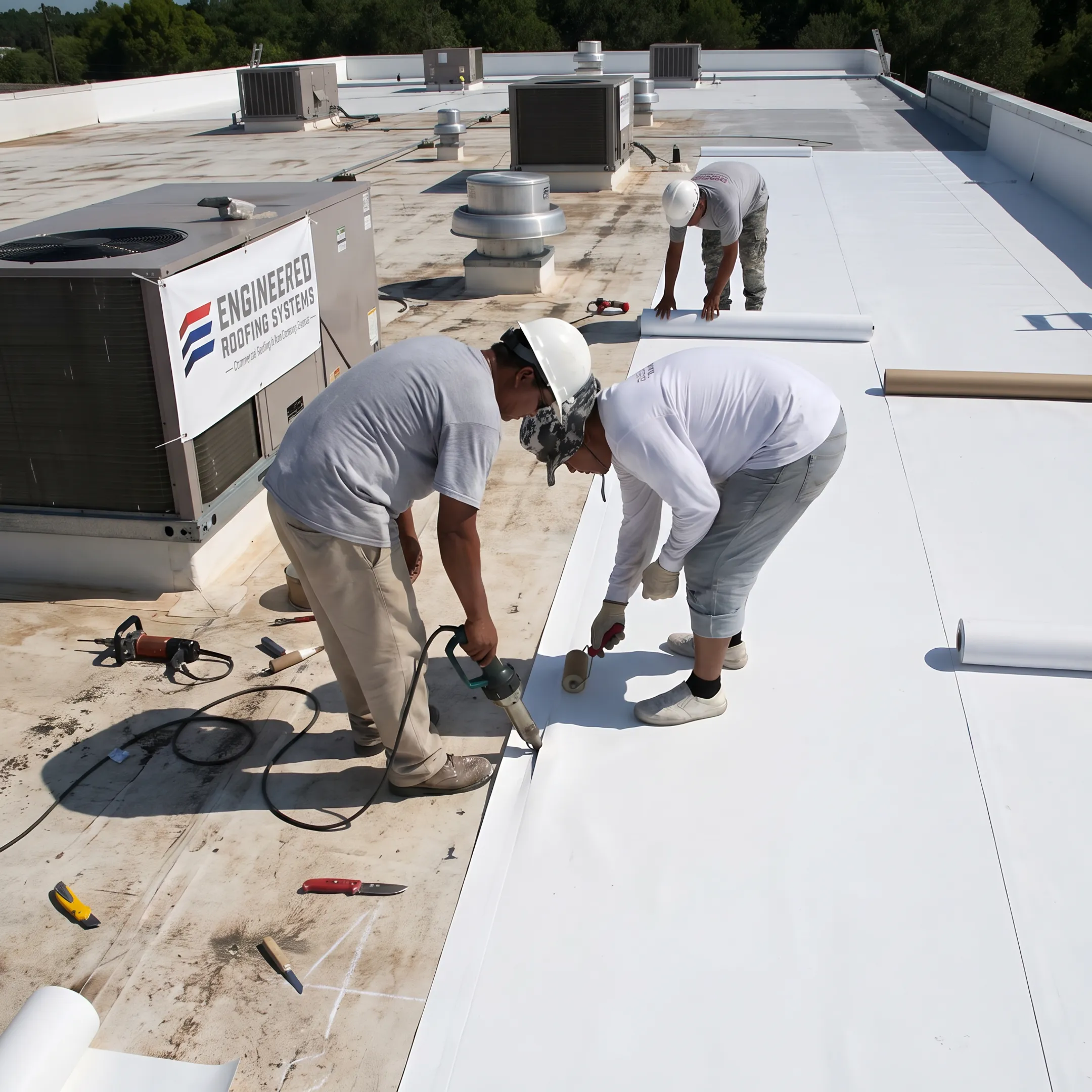Commercial flat roof membrane installation