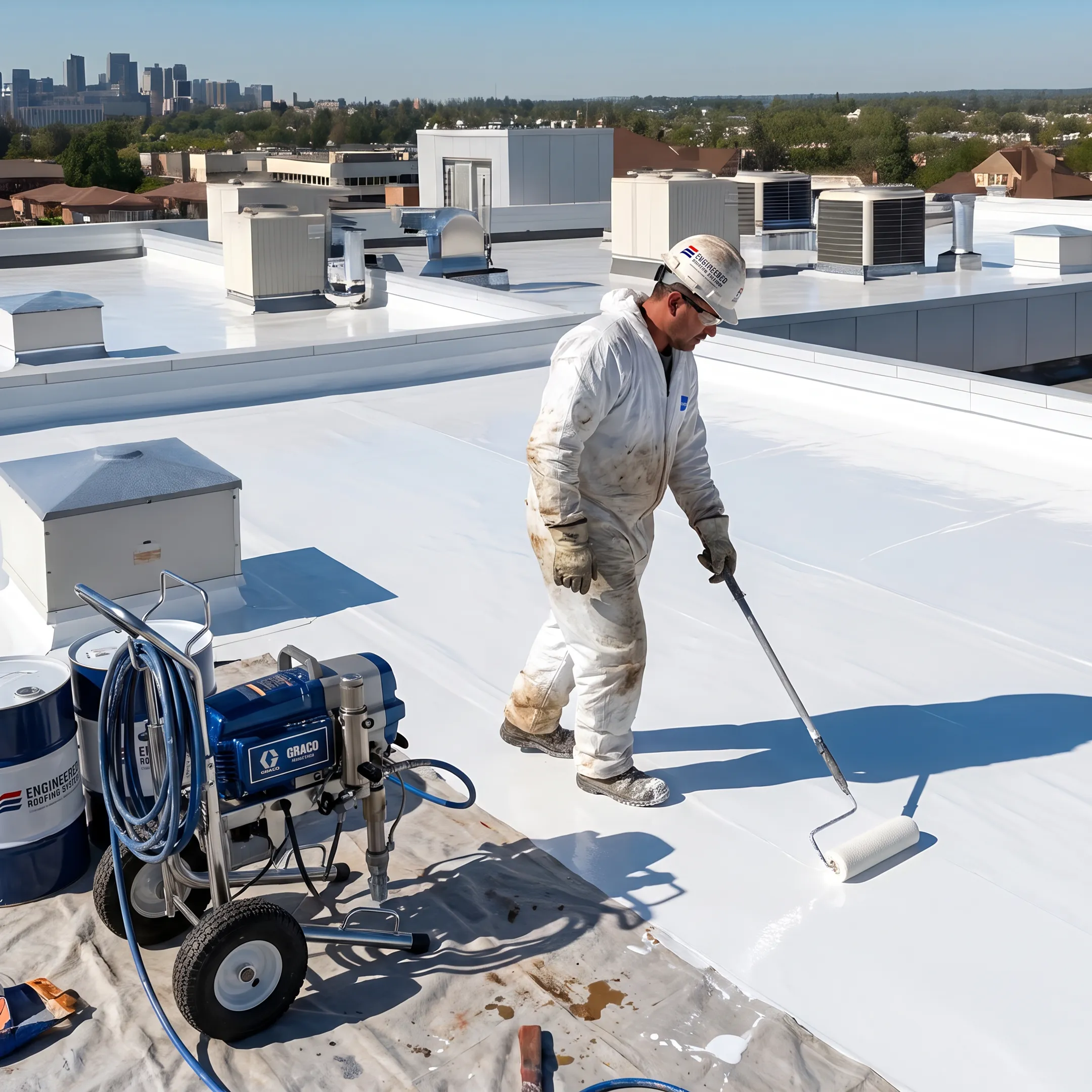 Technician applying protective coating to a commercial roof
