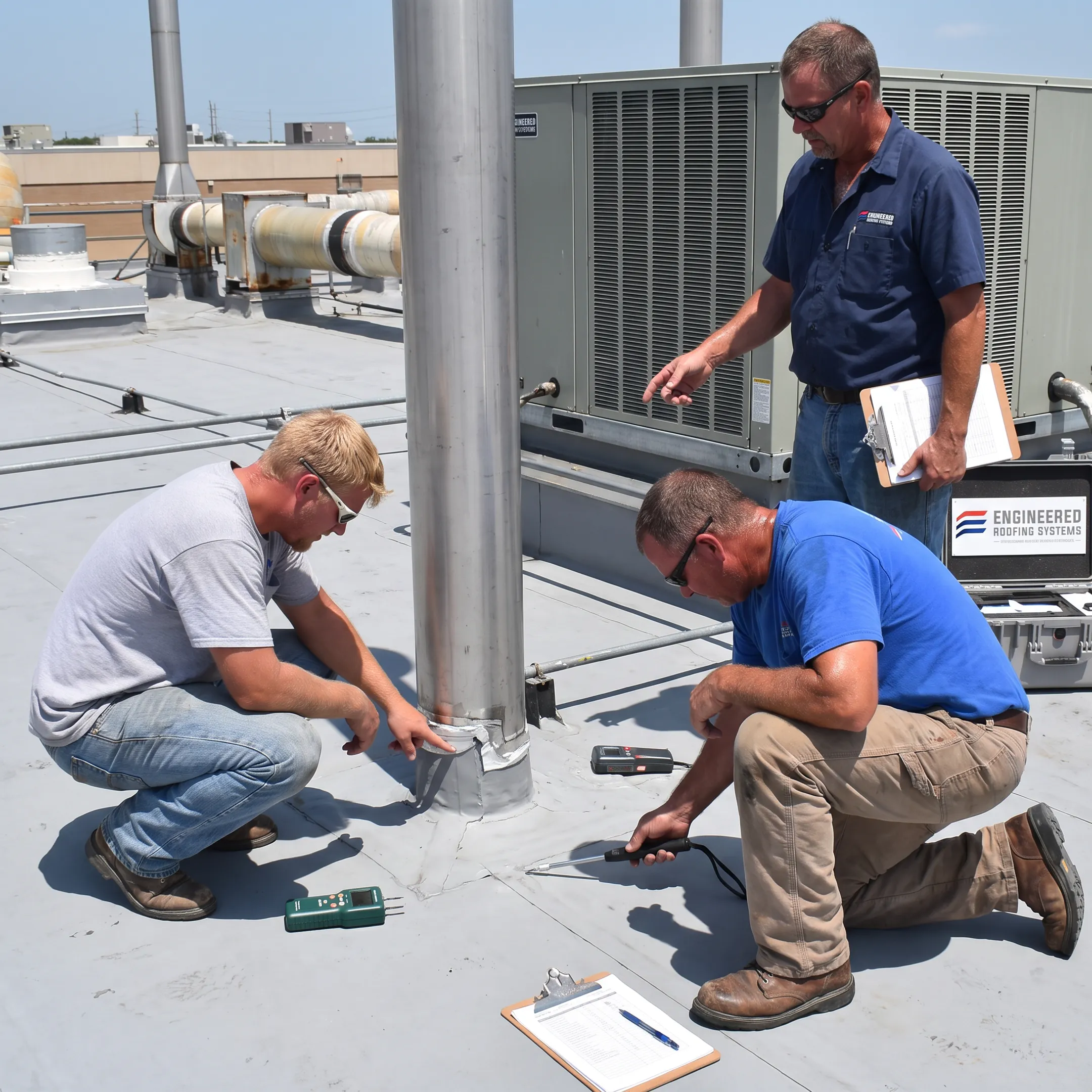 Commercial roofing crew reviewing a roof condition