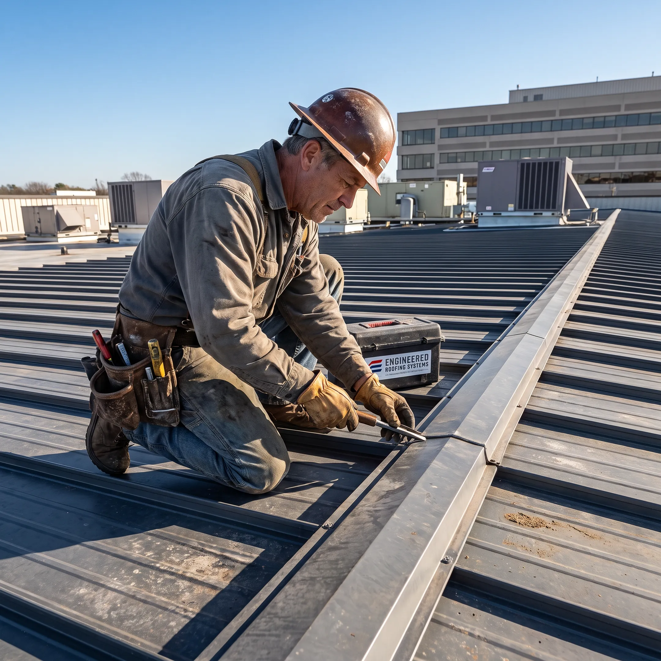 Technician inspecting commercial standing seam metal roof