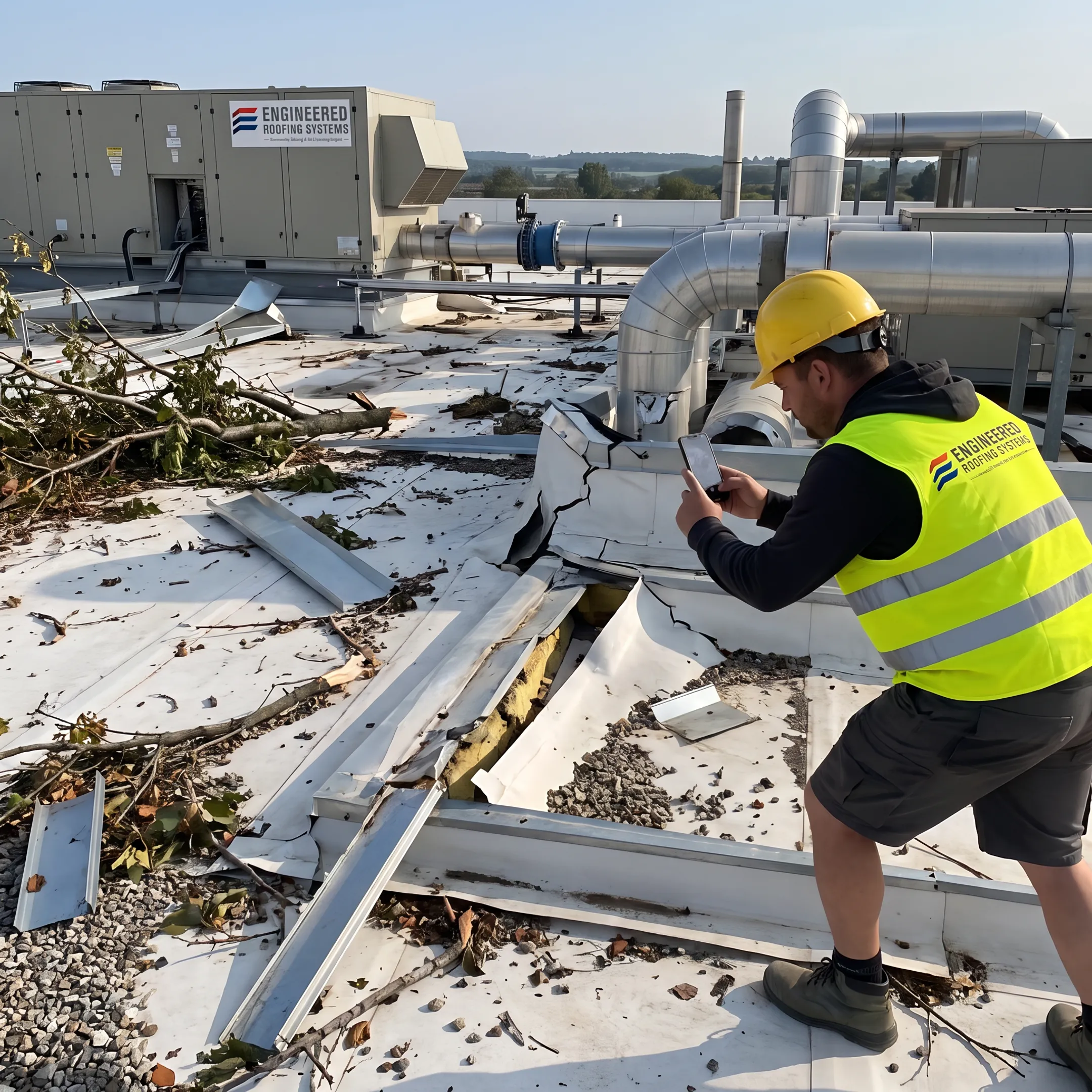 Roofing technician documenting commercial storm damage