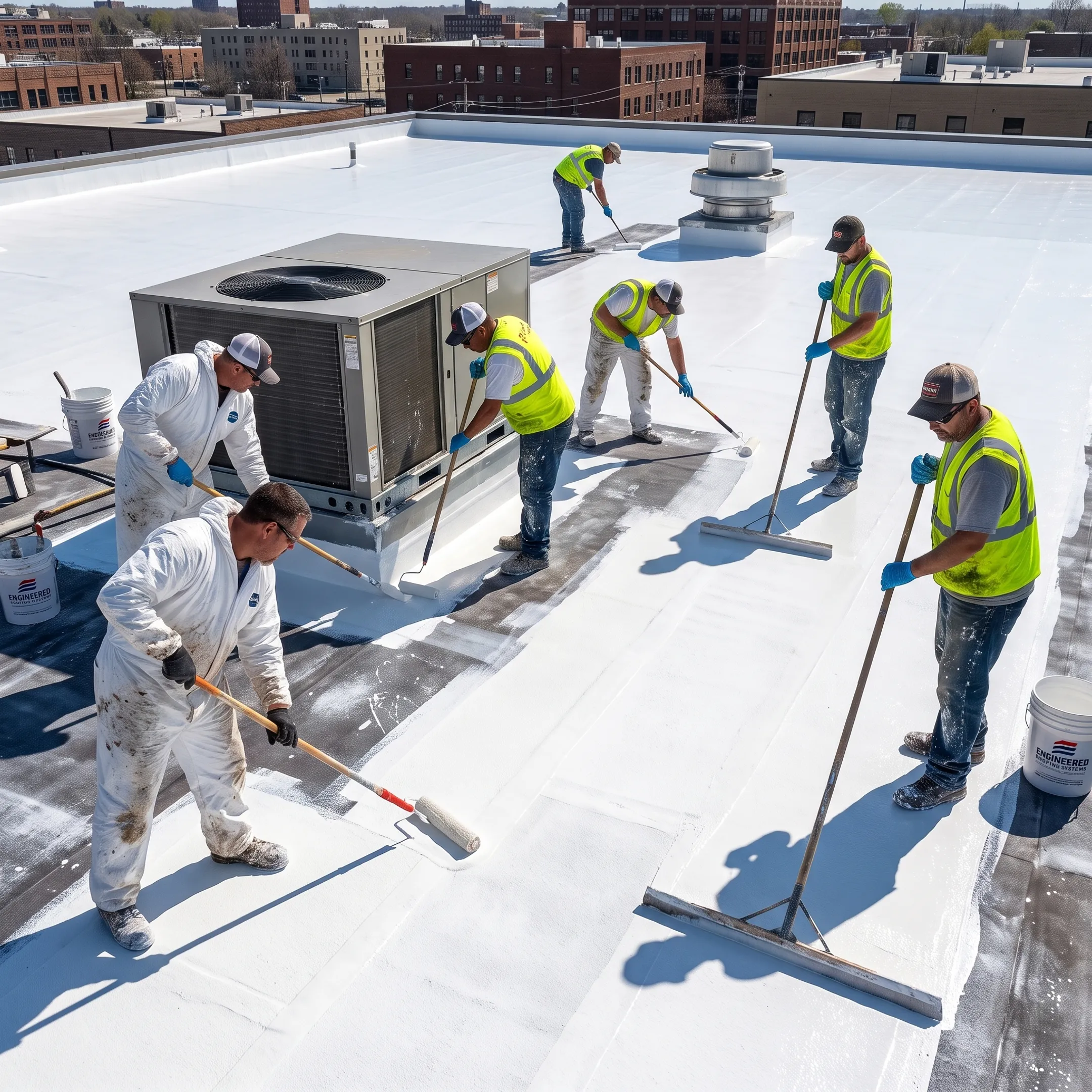 Crew applying reflective coating on a flat commercial roof