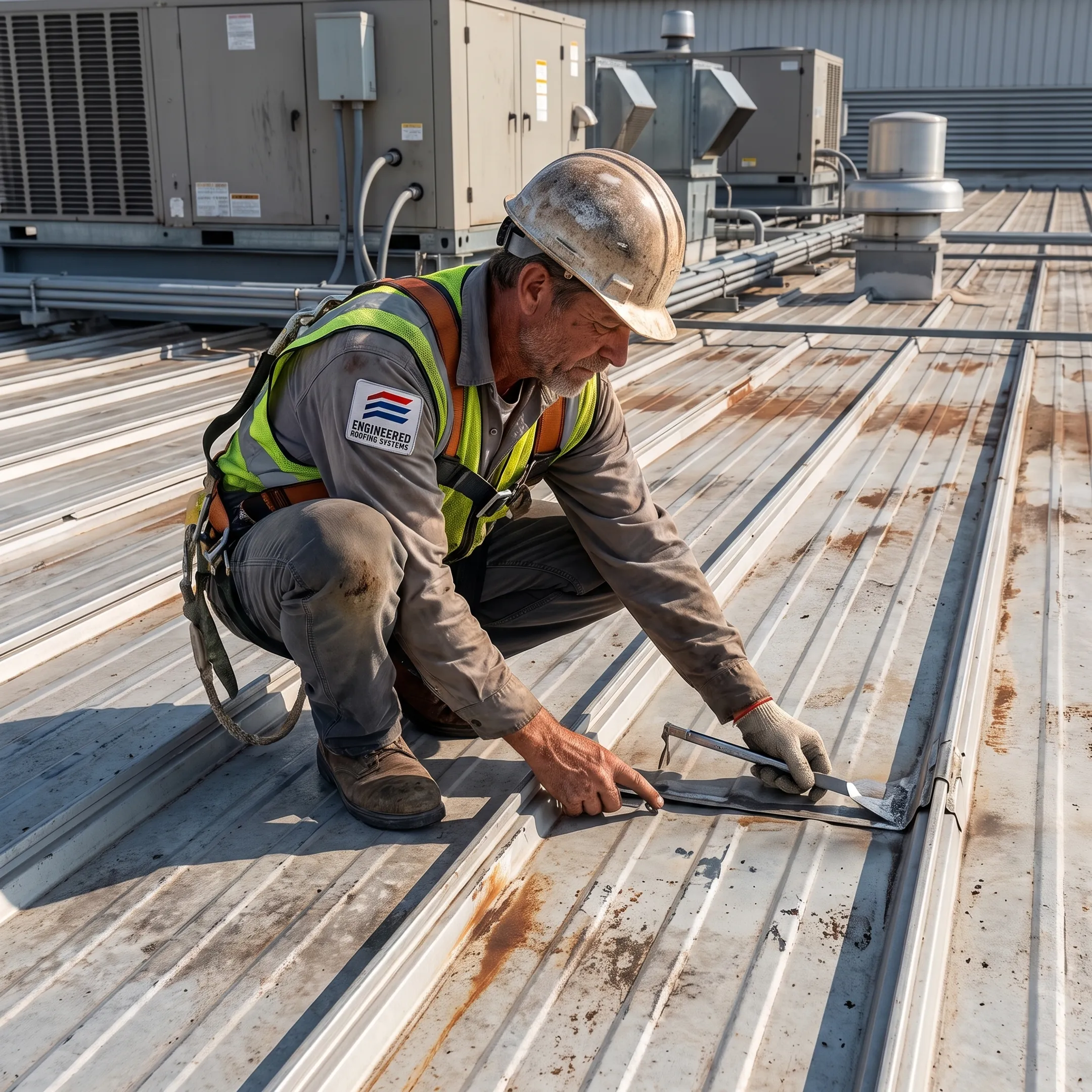 Technician inspecting metal roof seams