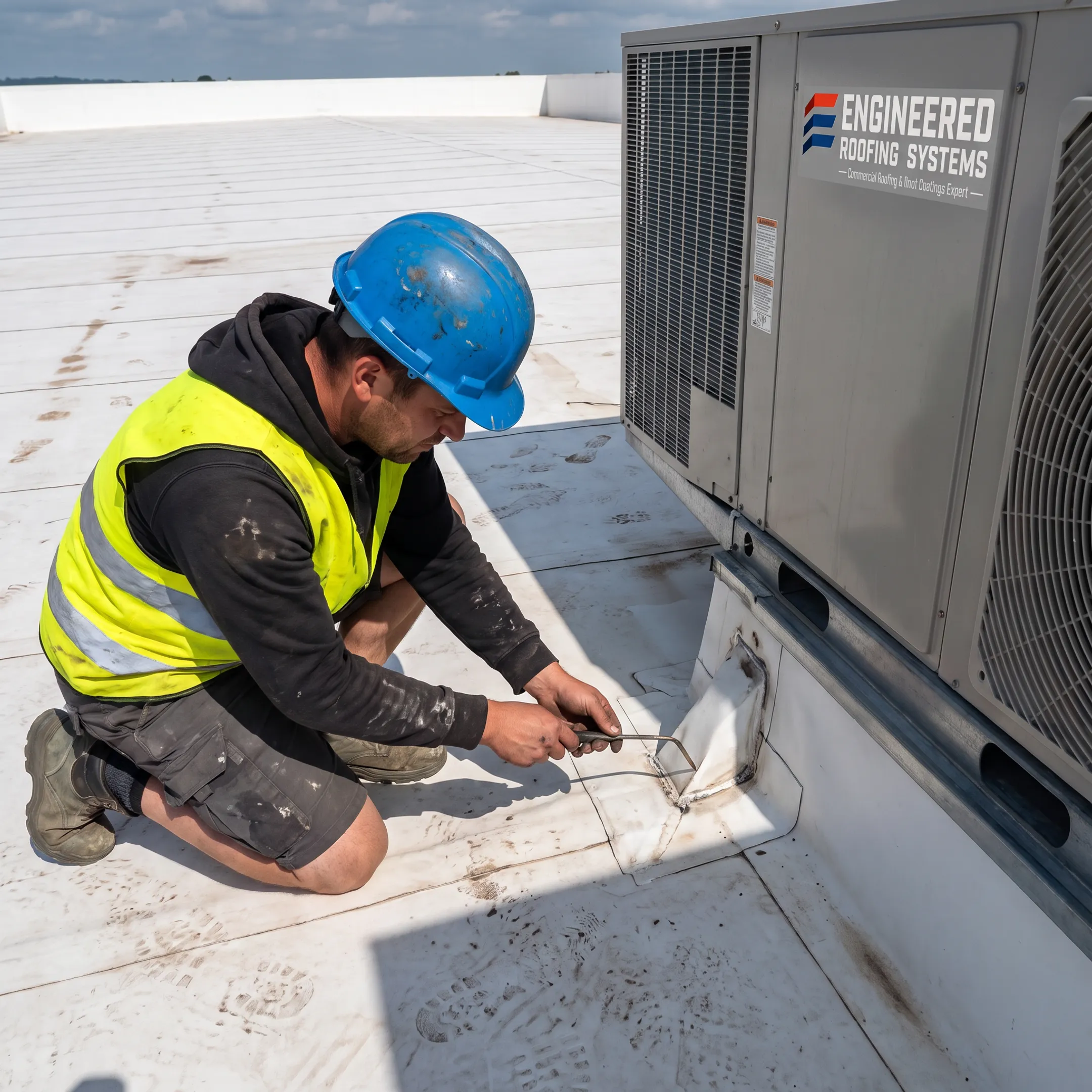 Commercial roofer inspecting flat roof membrane