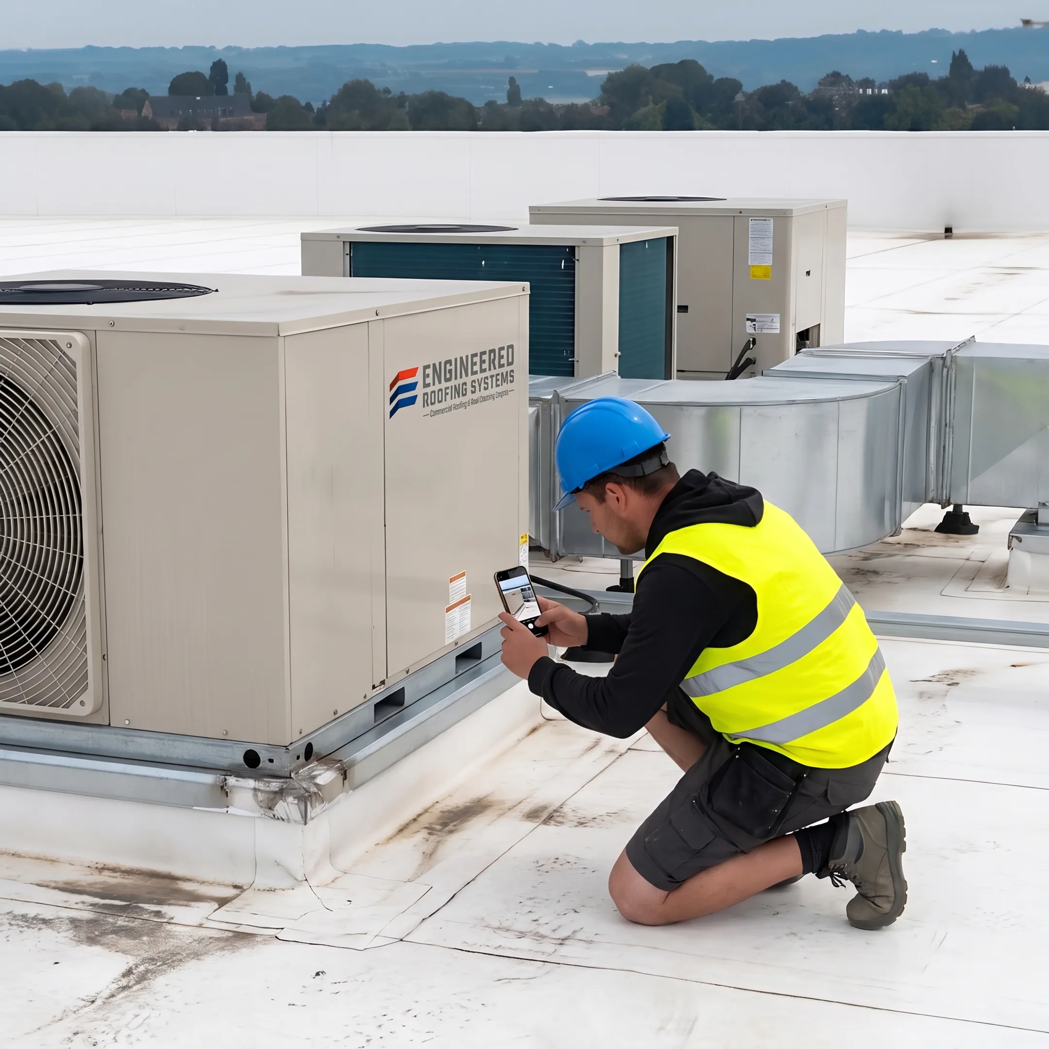 Technician documenting a commercial roof inspection