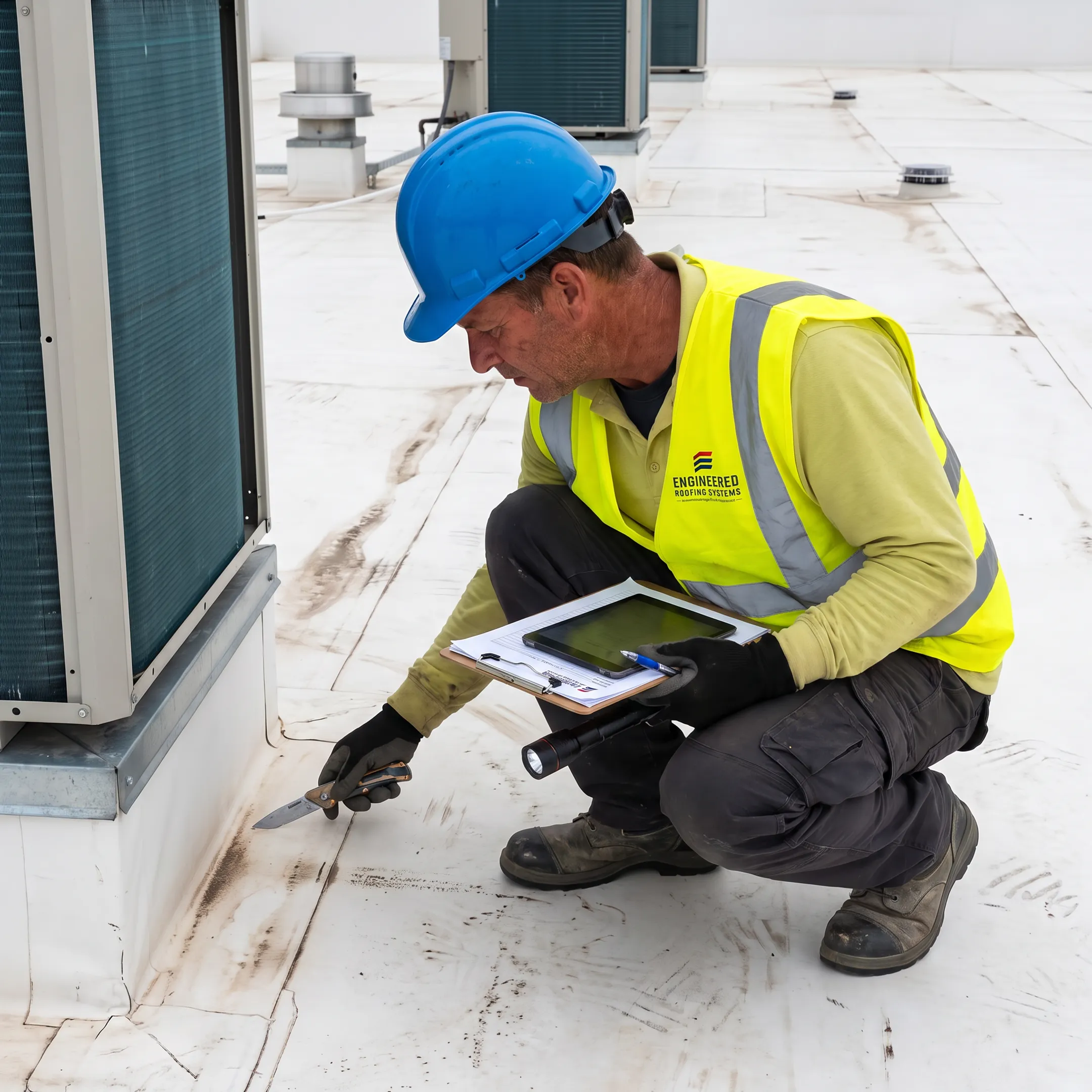 Technician evaluating a commercial roof membrane
