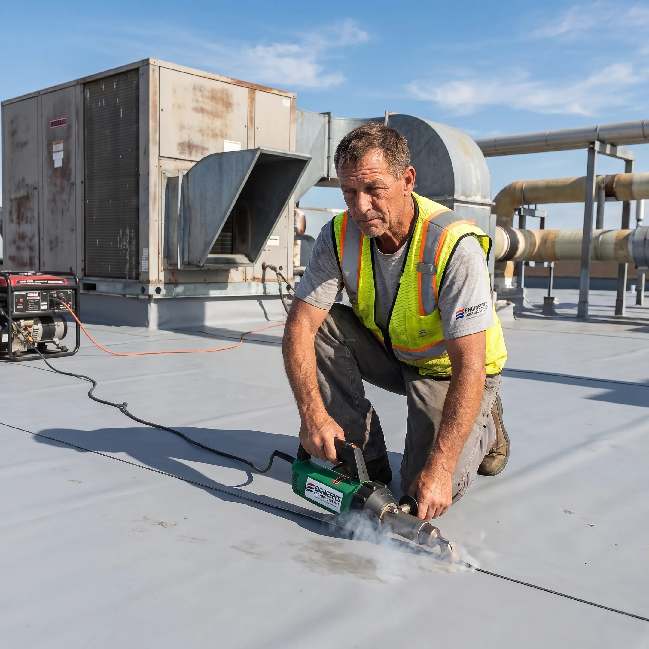 Technician repairing commercial flat roof membrane