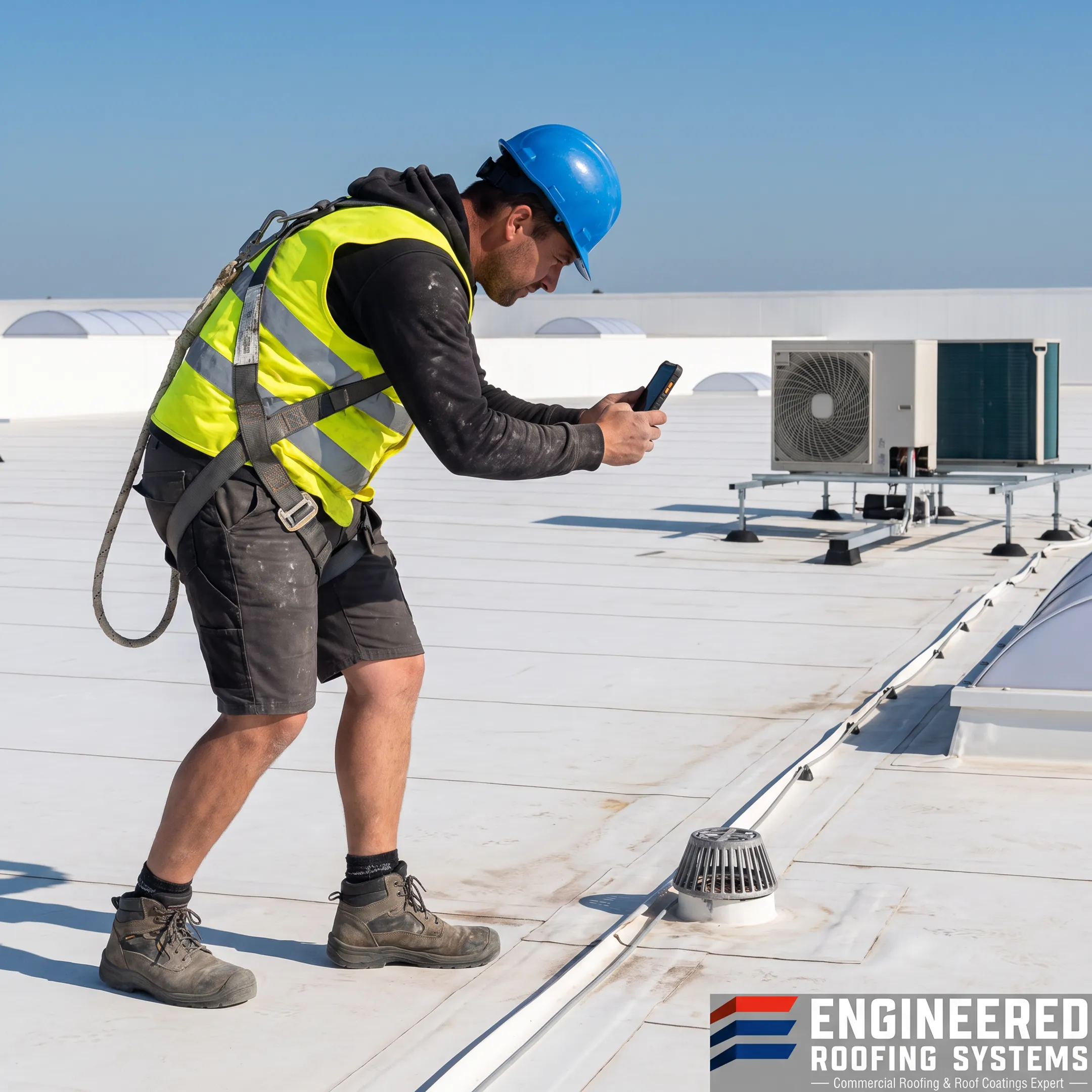 Roofer documenting commercial roof conditions