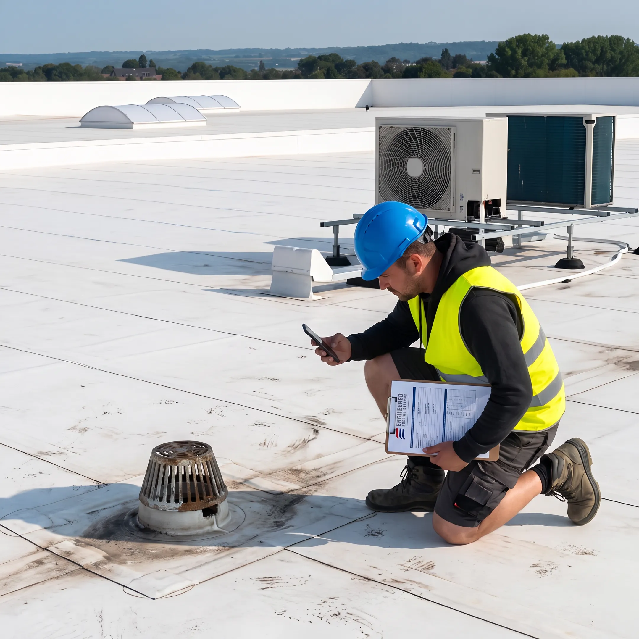 Commercial roofer documenting roof conditions