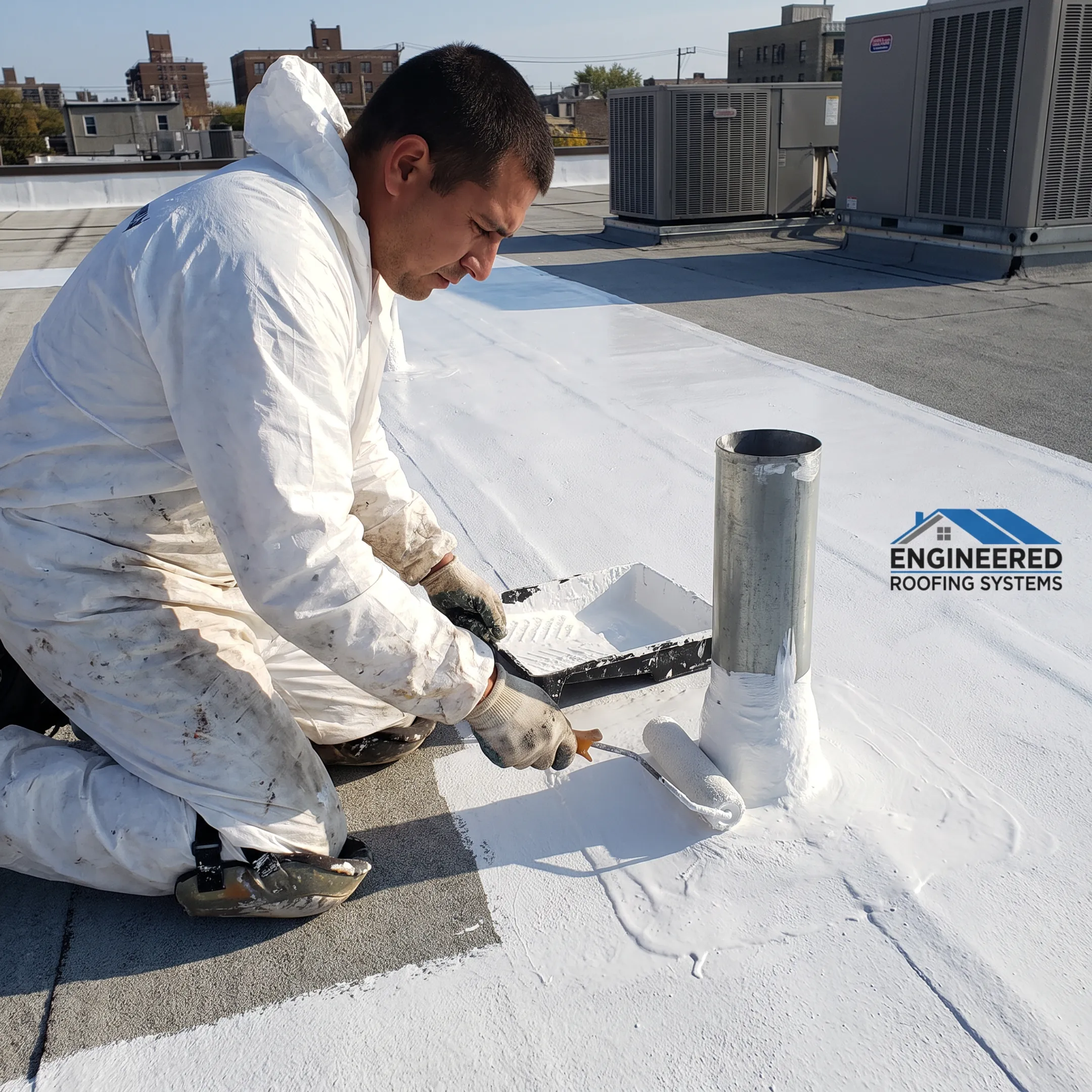 Commercial roof restoration coating in progress
