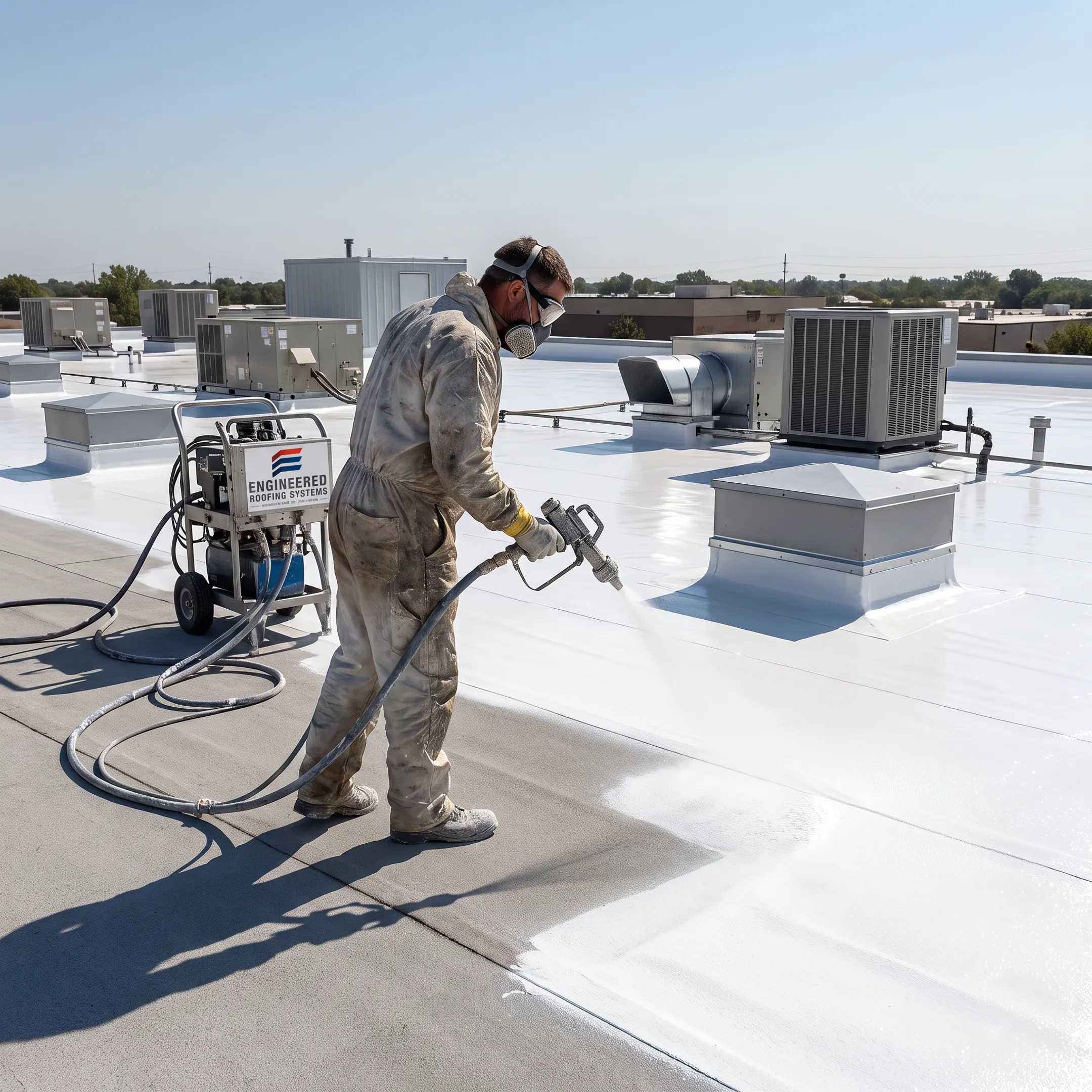 Commercial roofer applying protective roof coating