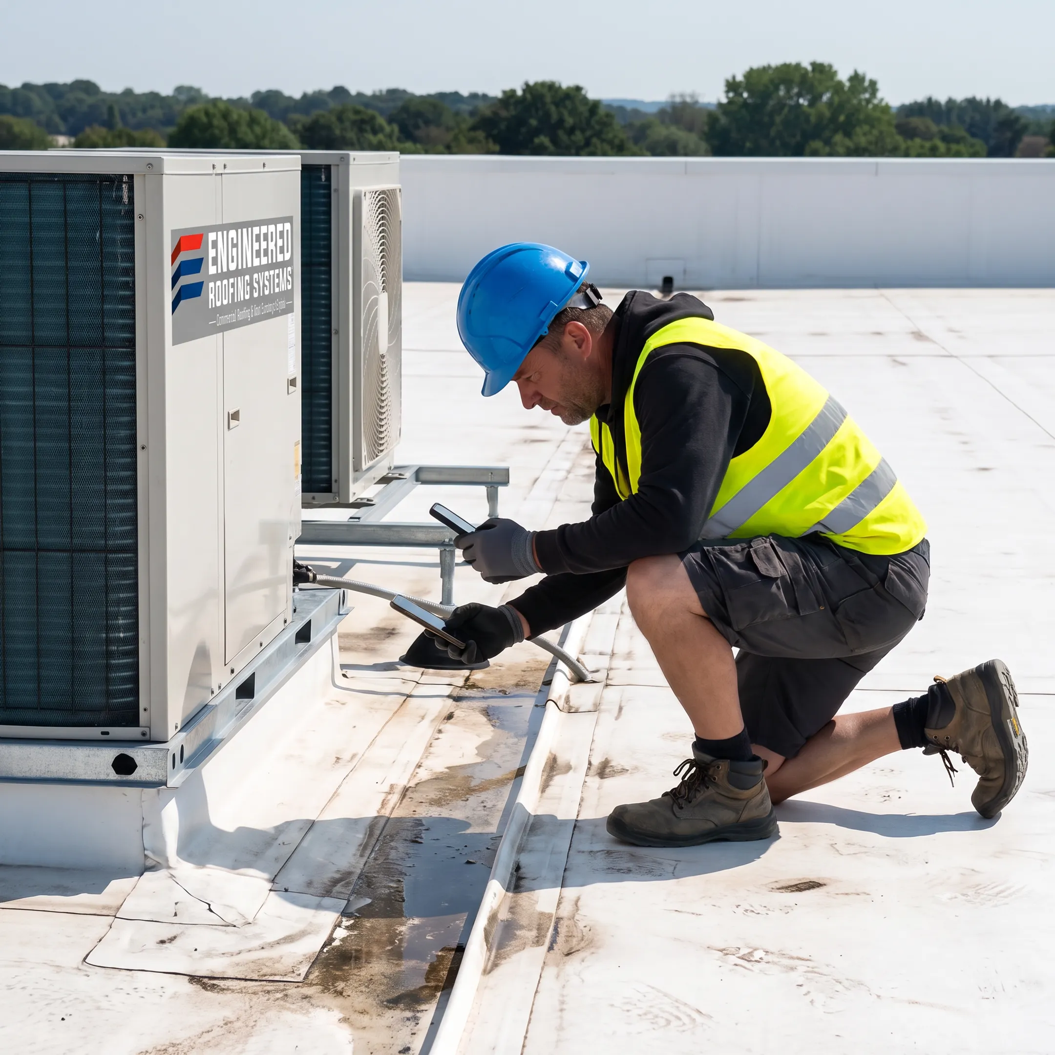 Roofer documenting commercial roof conditions