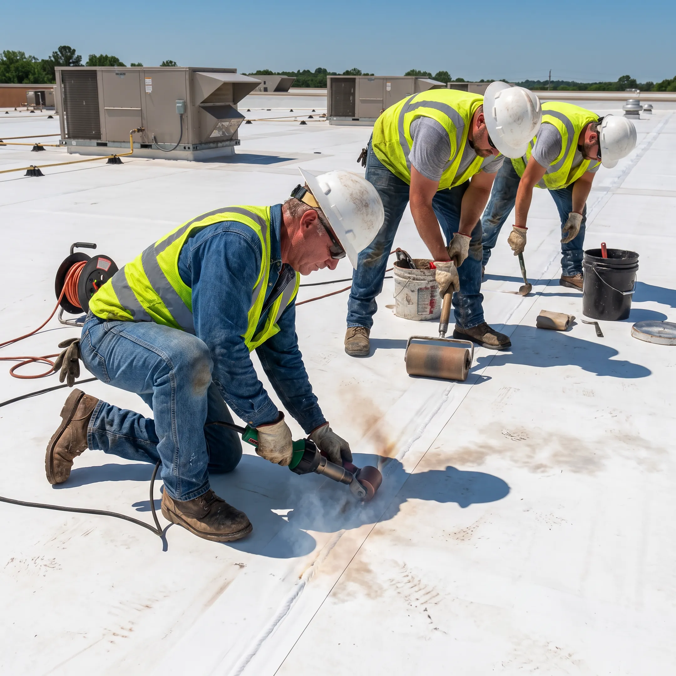 Technicians installing a white membrane on a flat commercial roof