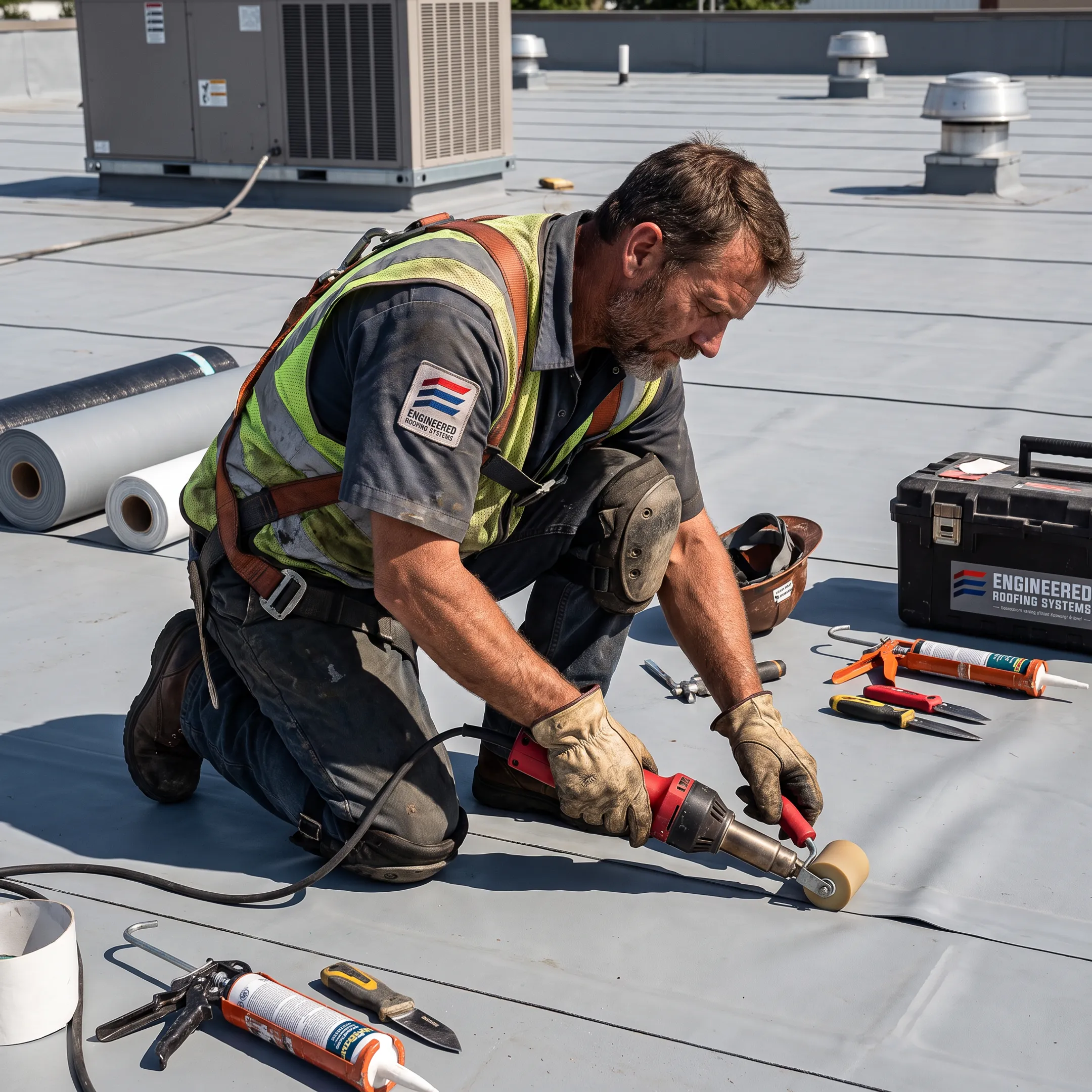 Commercial roofer repairing a flat roof seam