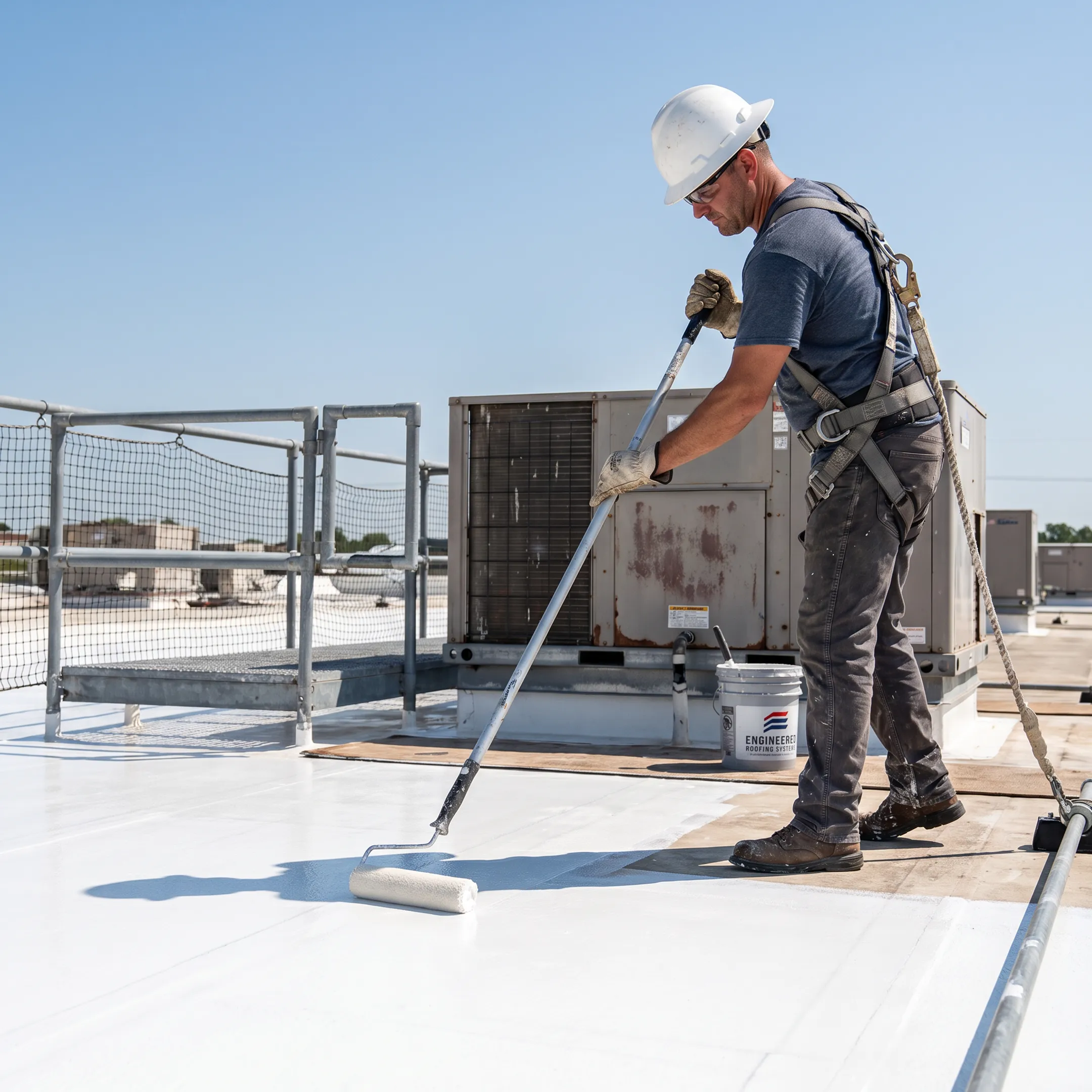Technician applying protective coating to commercial roof