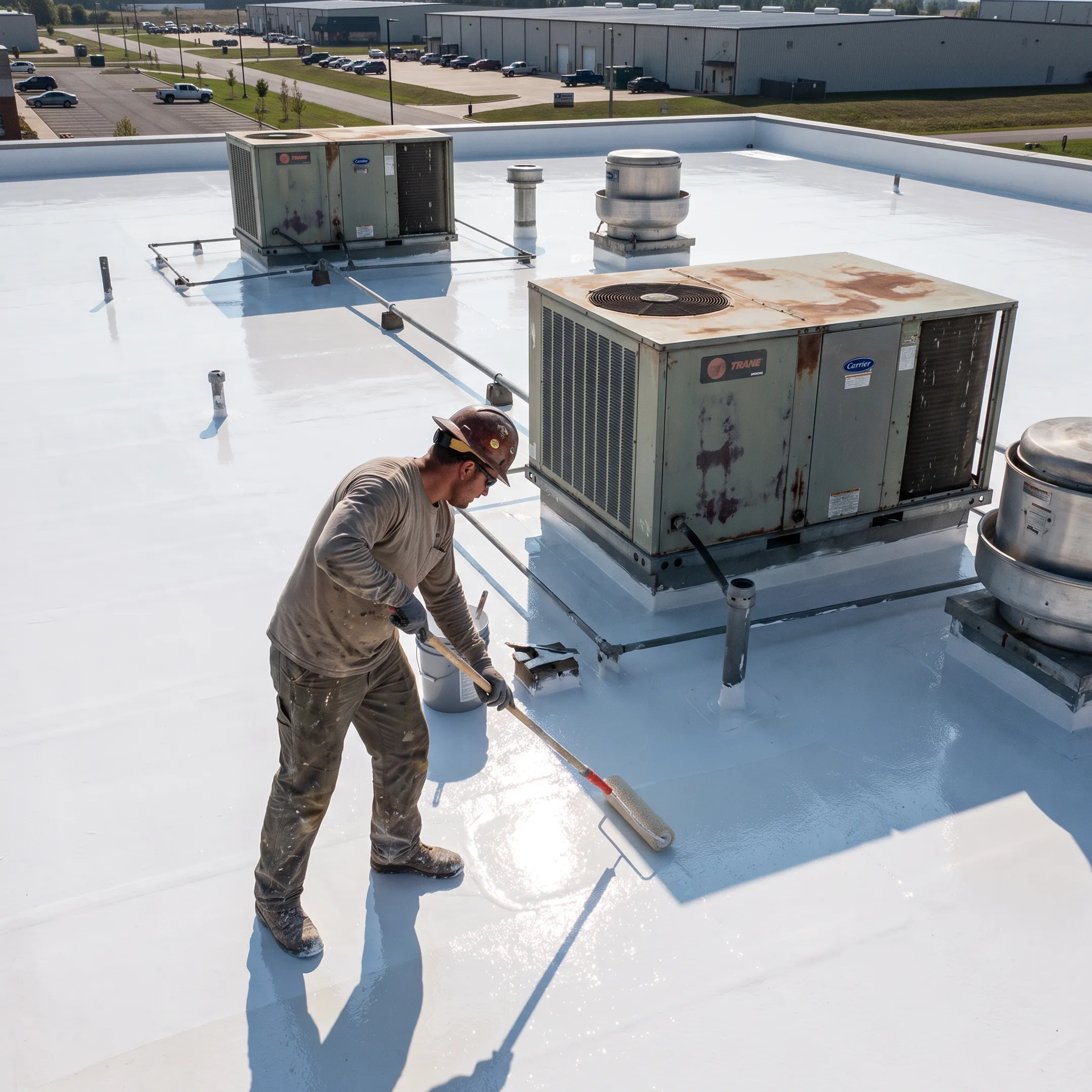 Technician applying protective coating to a commercial roof