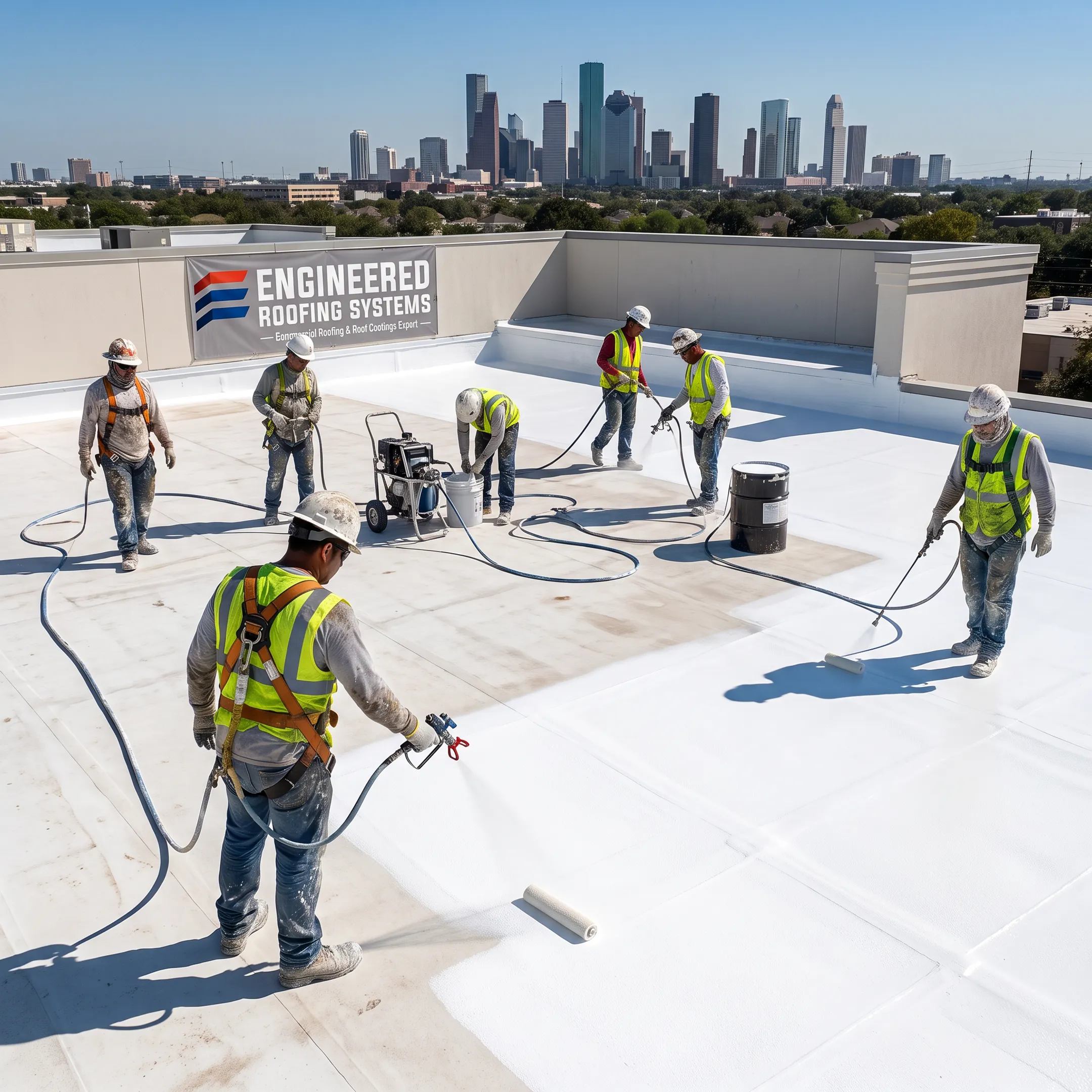 Commercial roof coating application on a flat roof