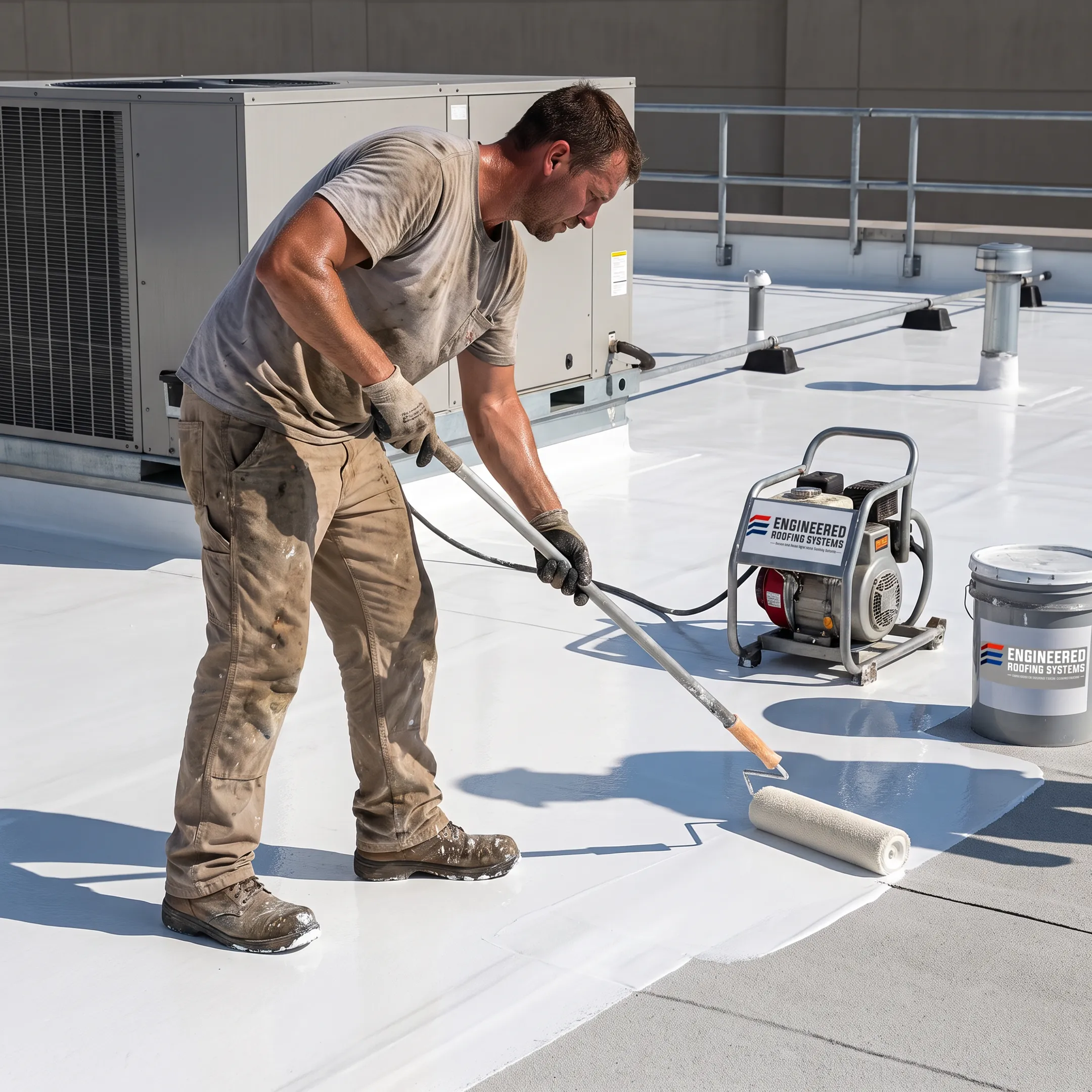 Technician applying protective coating to commercial roof