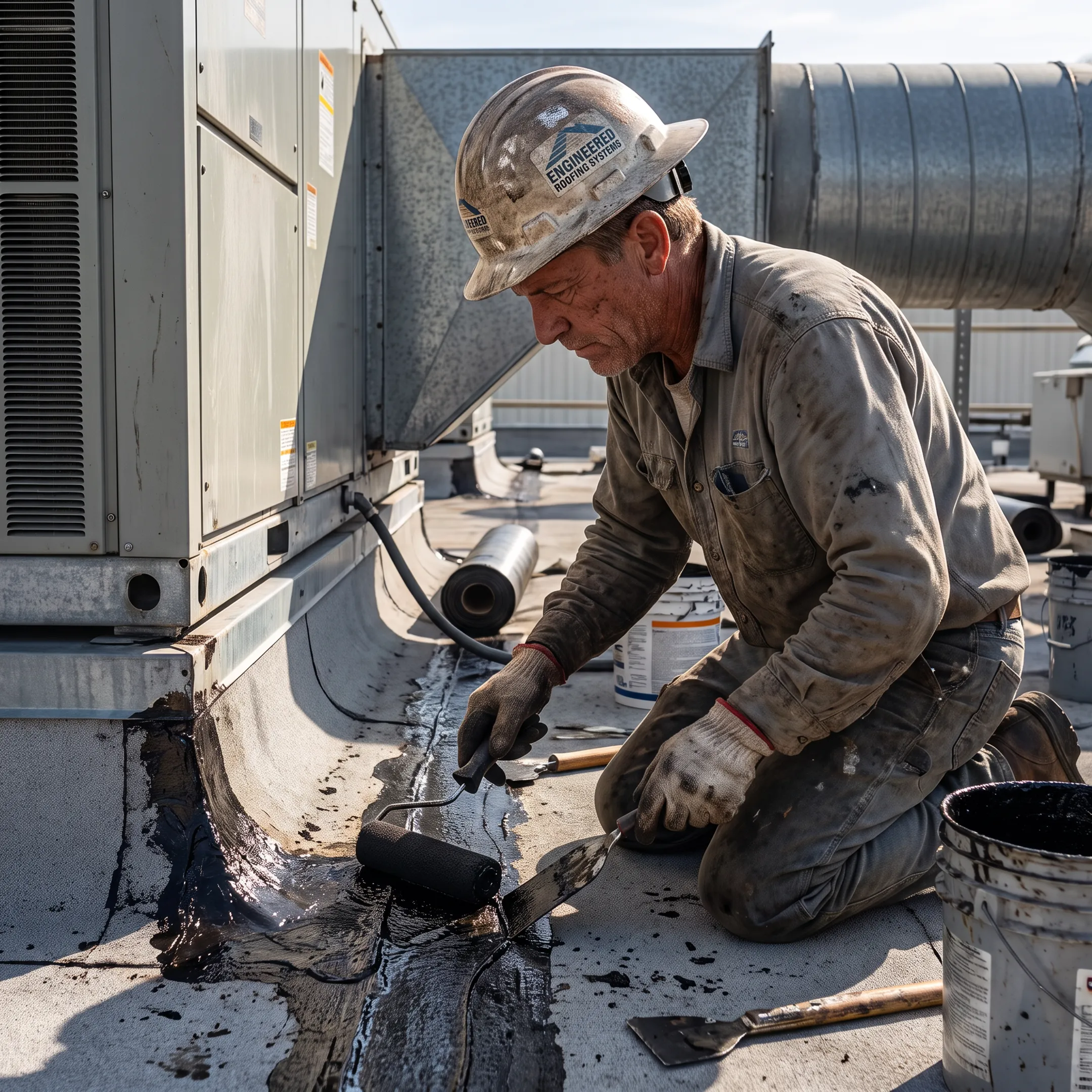 Roofing technician sealing a flat roof seam