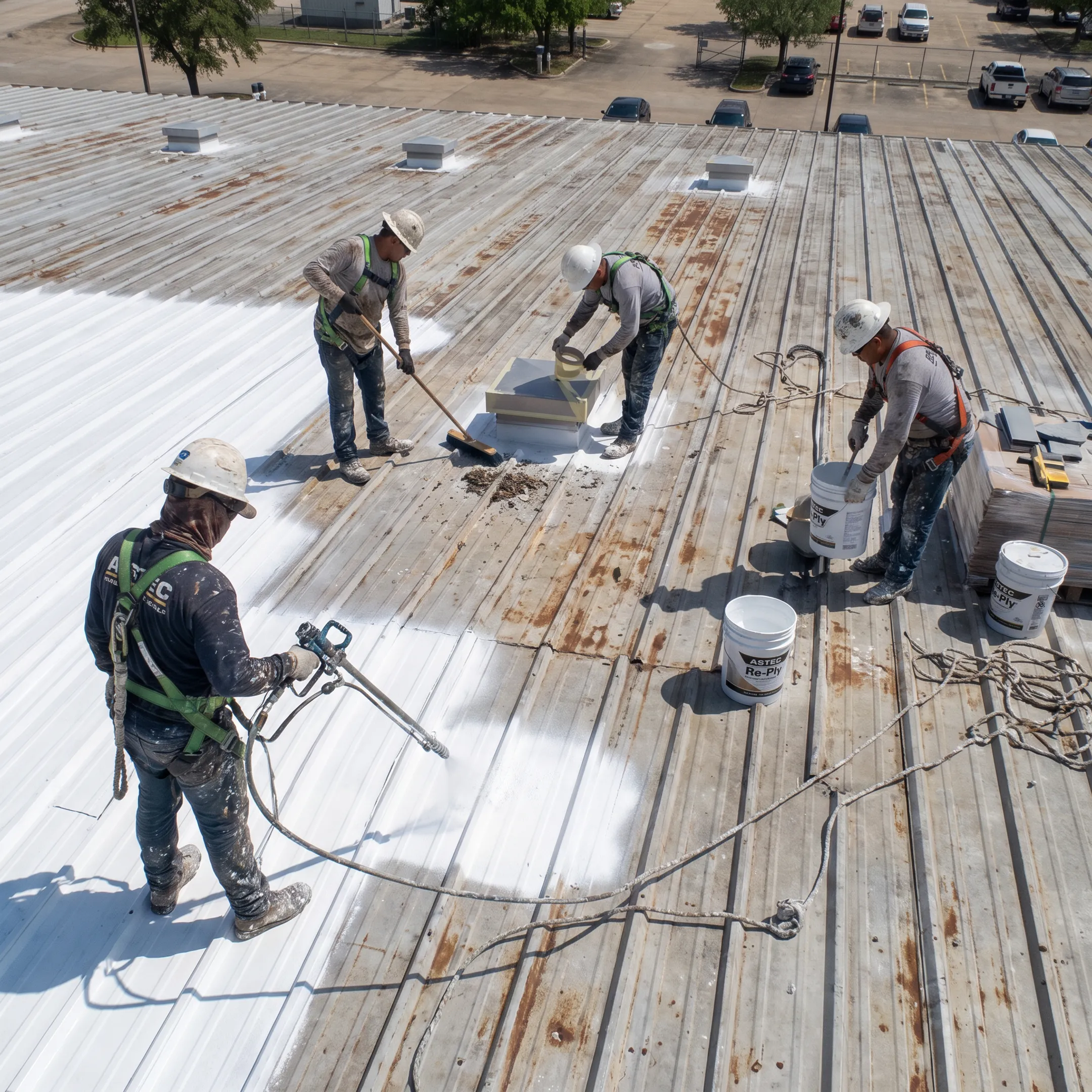 Crew applying coating to a metal roof