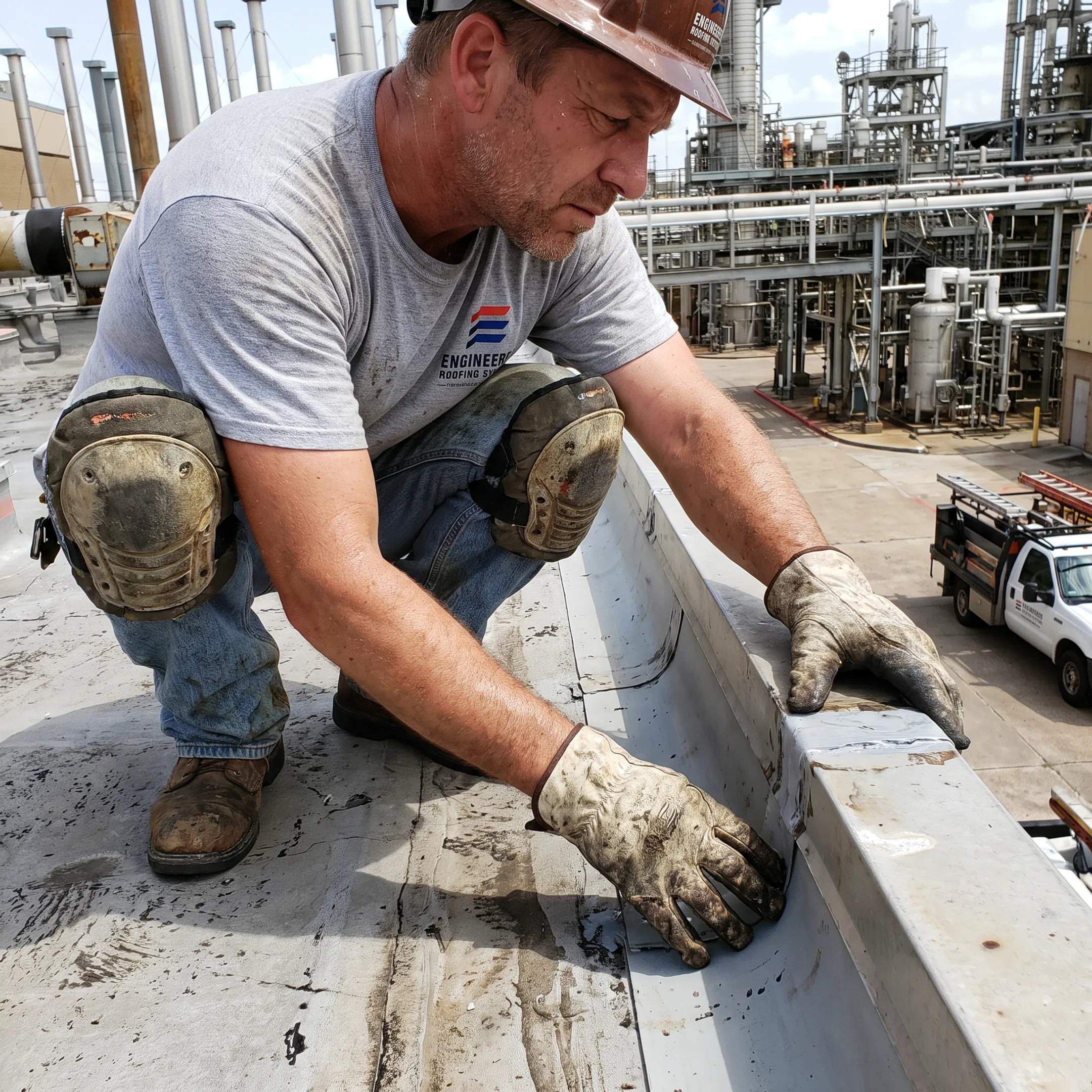 Commercial roofer inspecting membrane seams