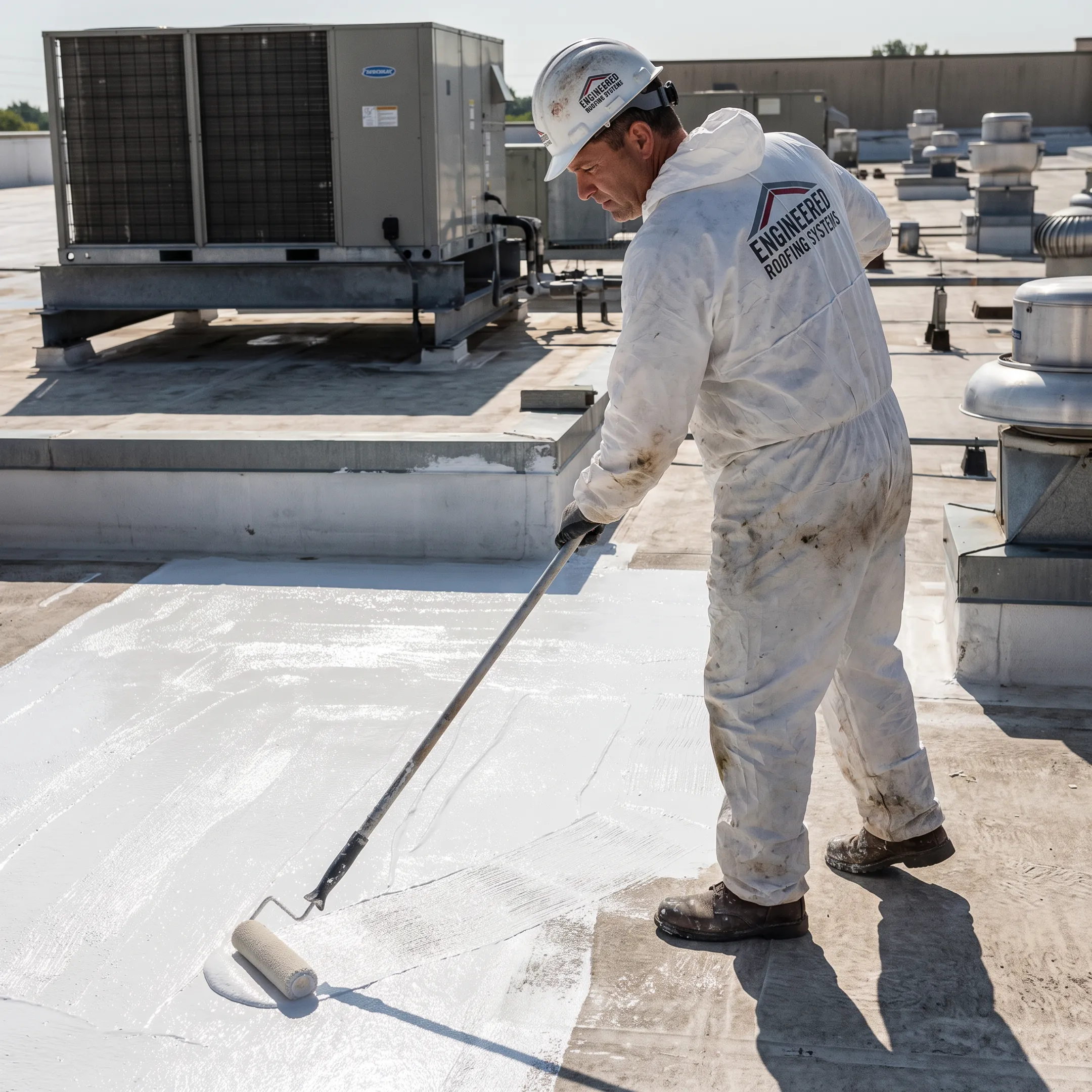 Technician applying reflective roof coating
