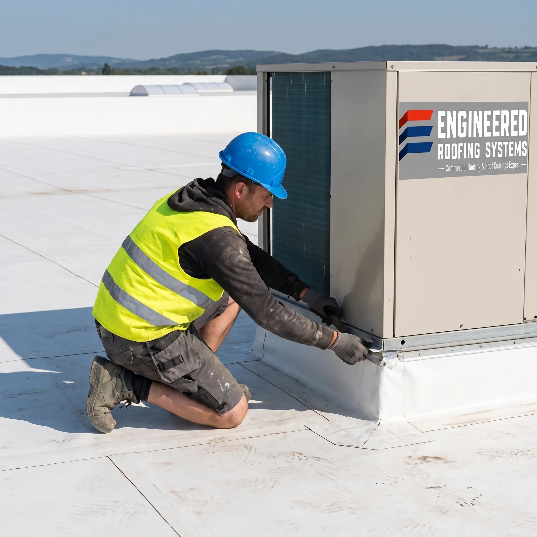 Technician assessing a commercial roof membrane