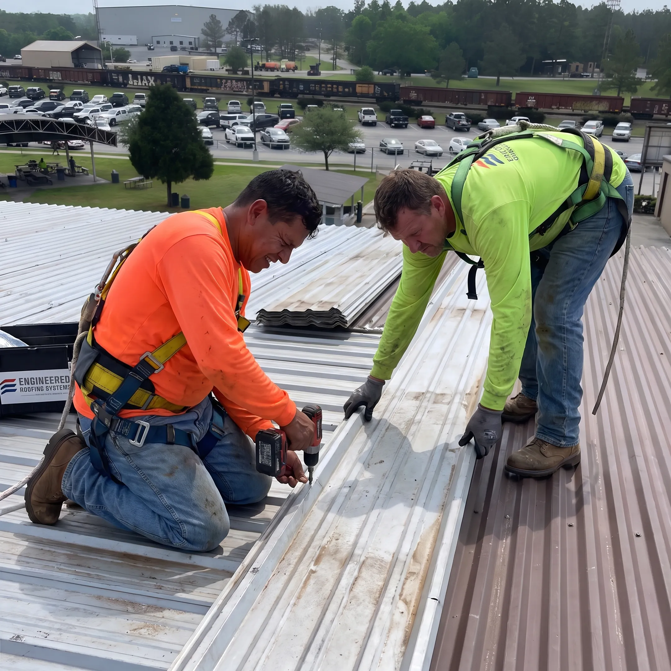 Roofing crew installing commercial metal panels
