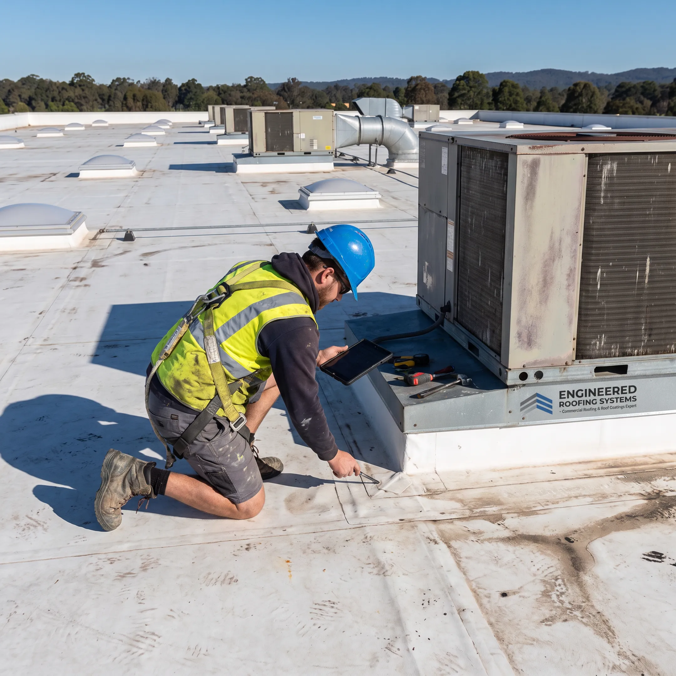 Warehouse roof inspection in progress