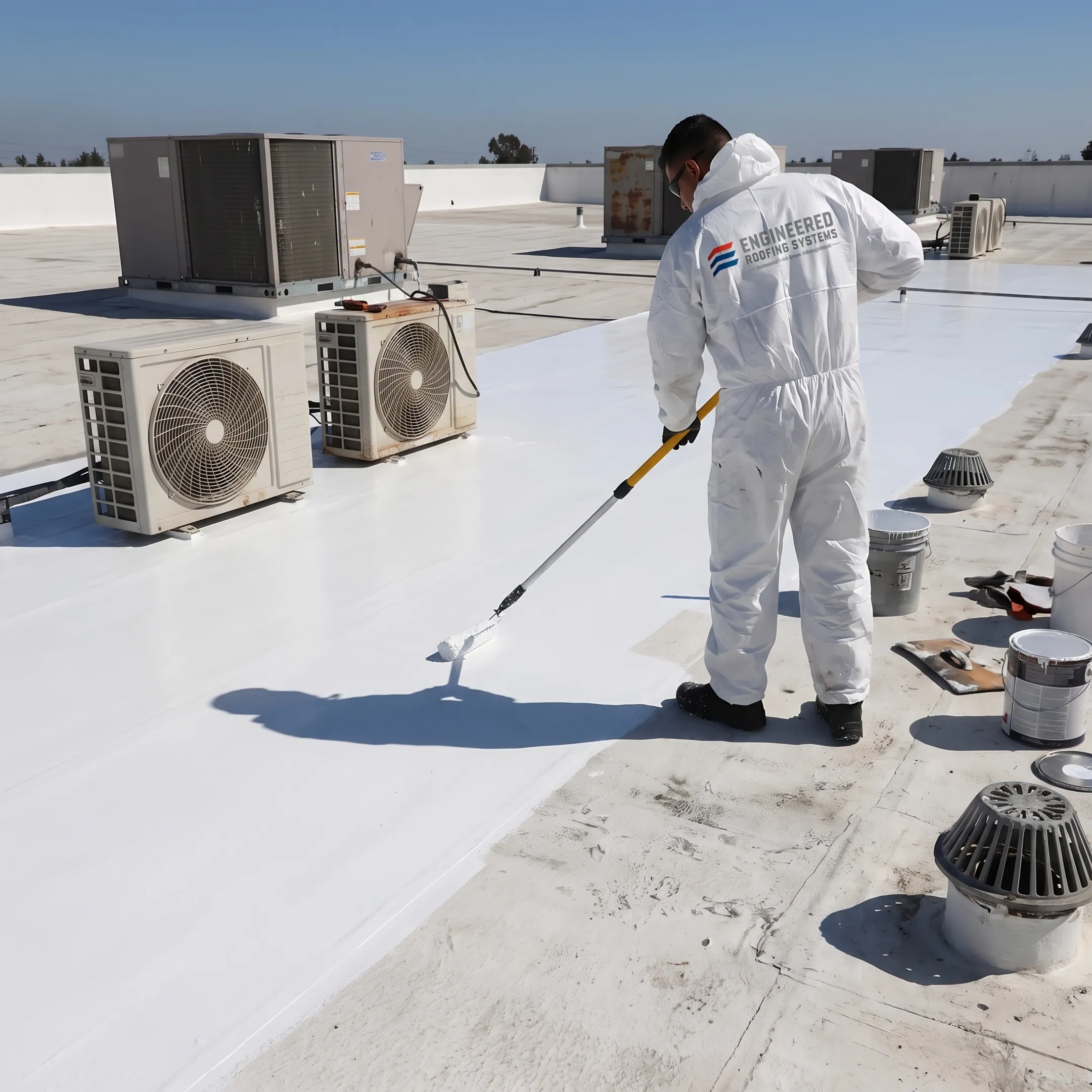 Commercial roof coating being applied