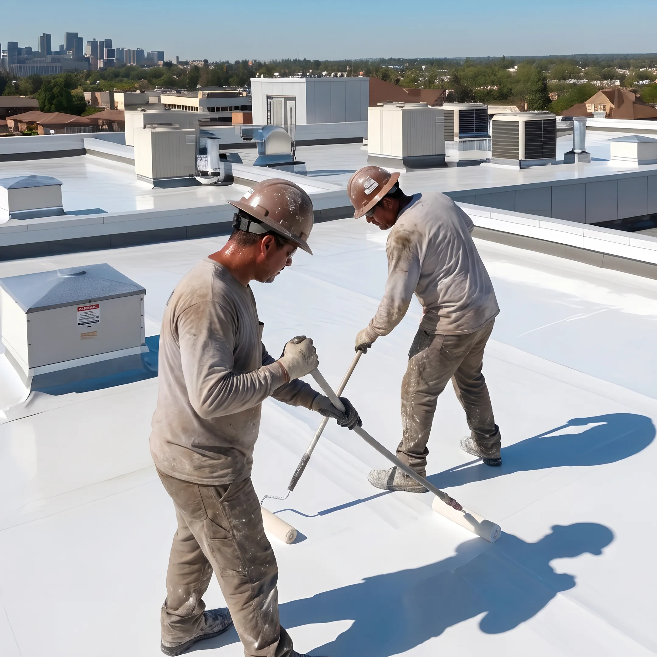 Technician applying a protective commercial roof coating