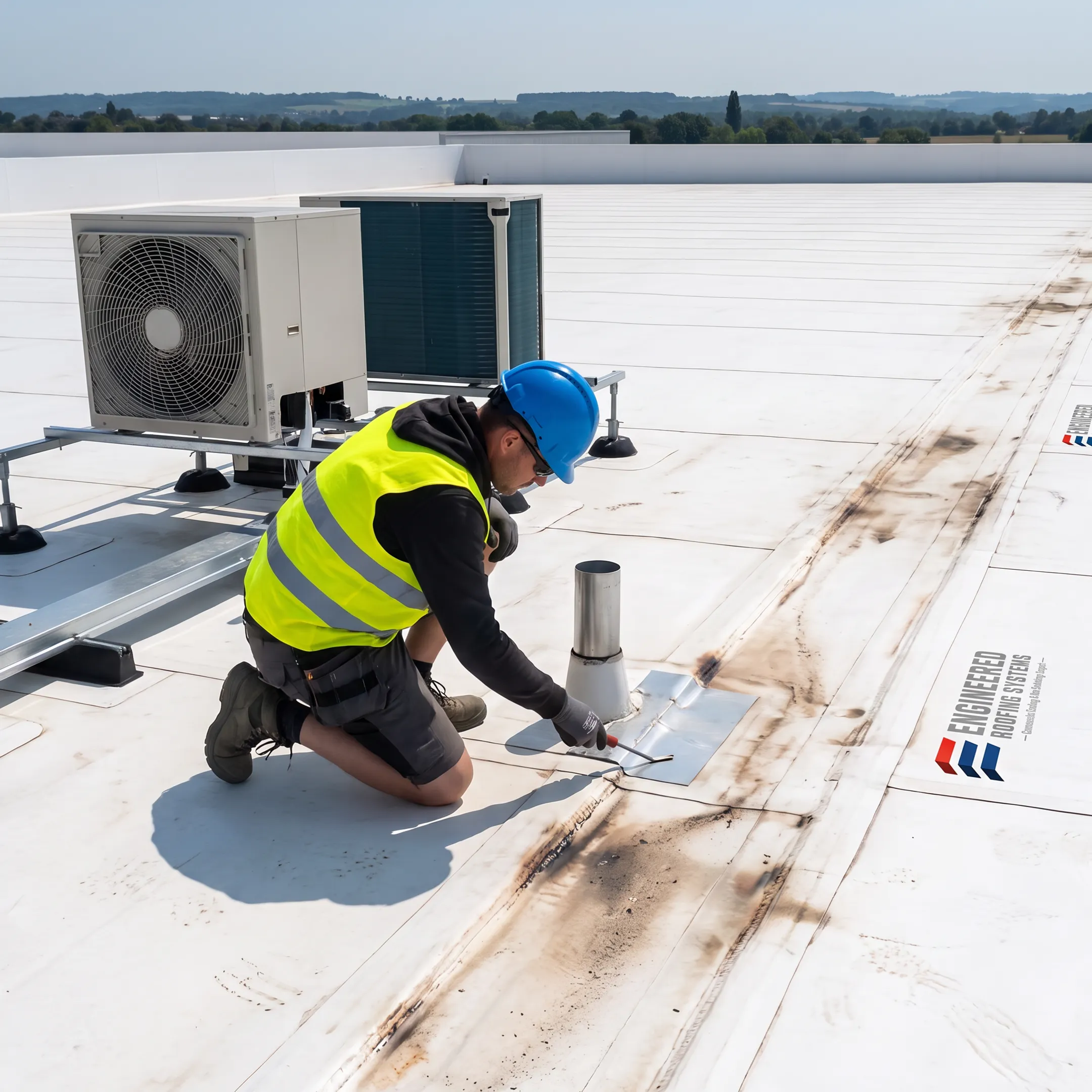 Commercial roofer inspecting seams during roof installation
