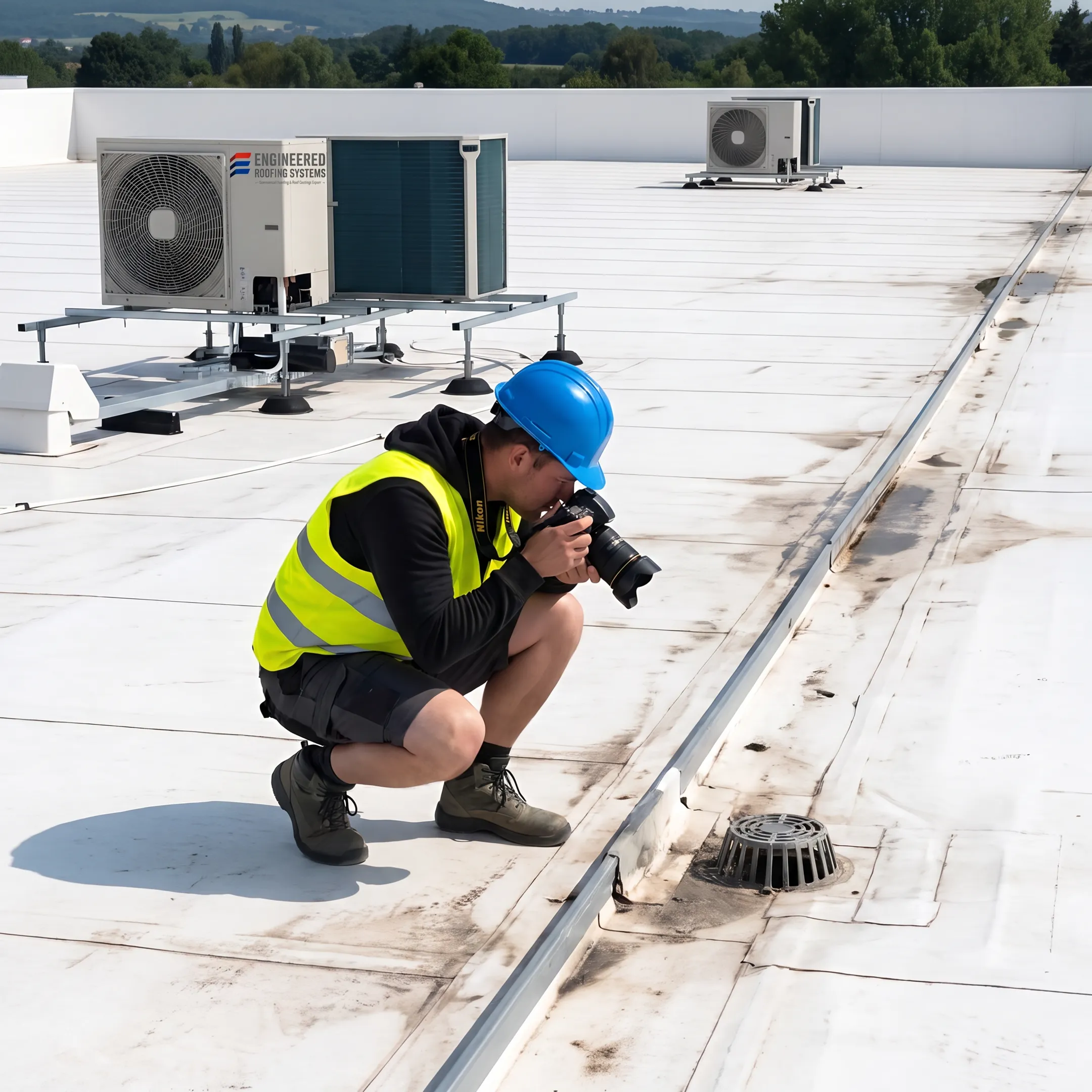 Roofer documenting a commercial roof inspection