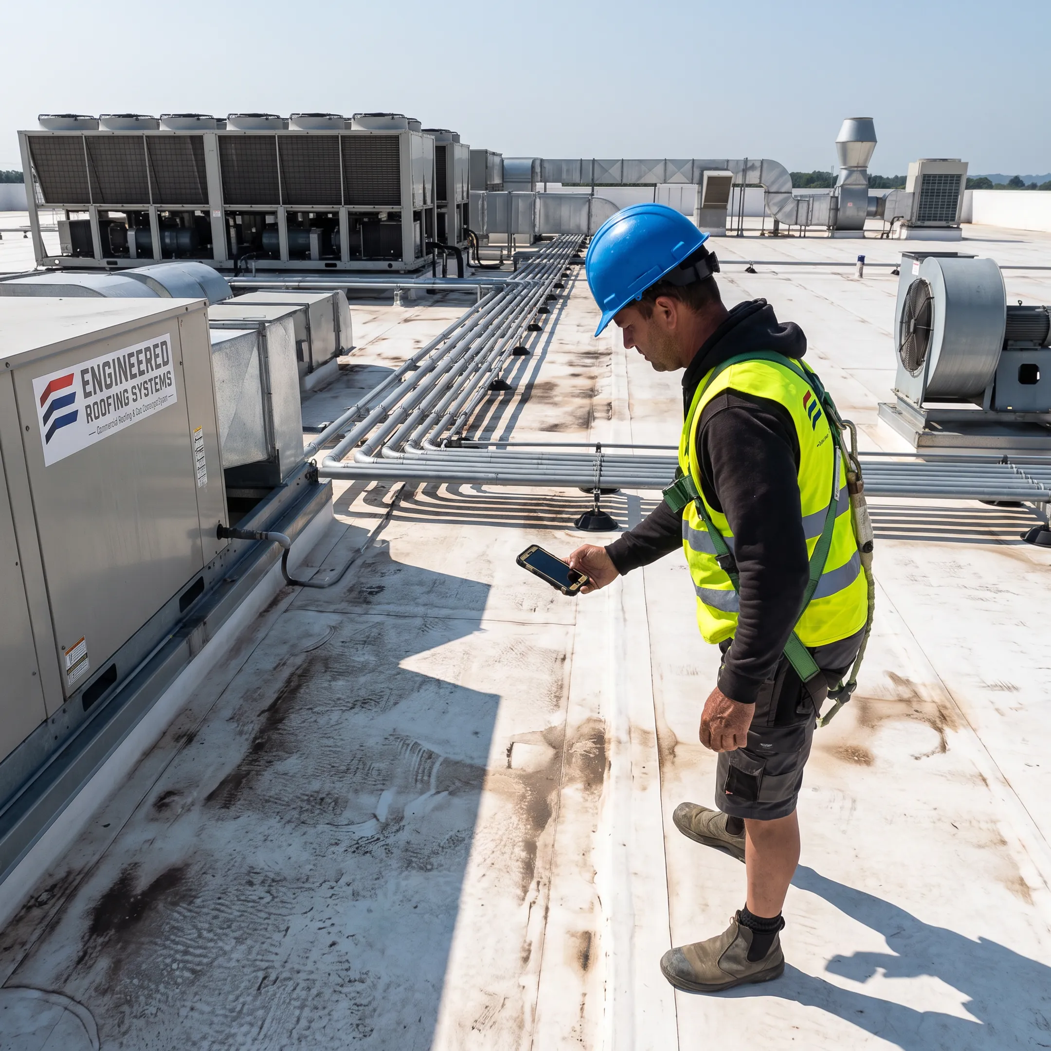 Technician documenting a commercial roof inspection