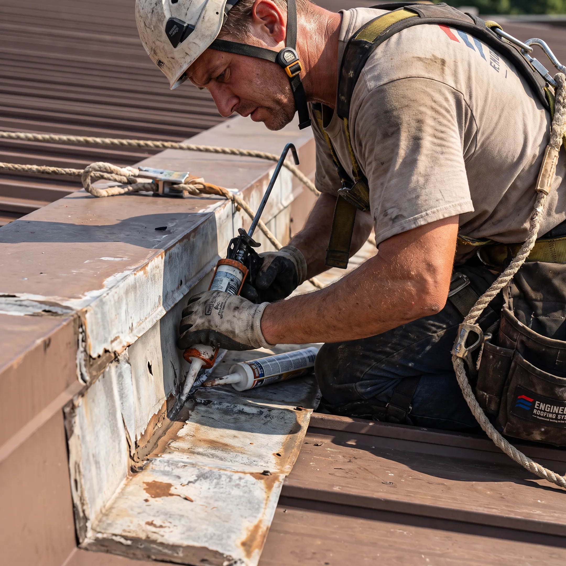 Technician repairing commercial roof flashing