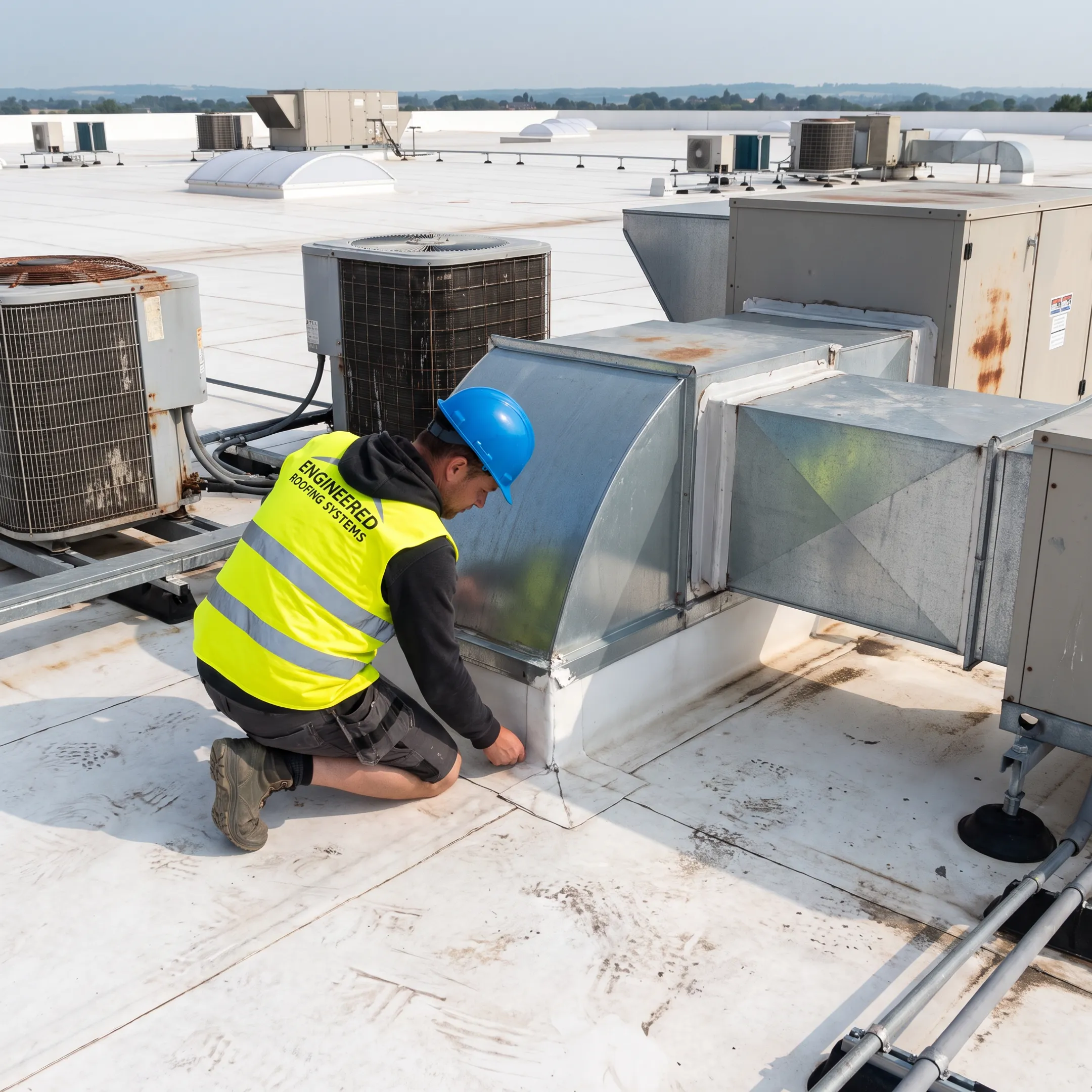 Technician inspecting an industrial roof before replacement