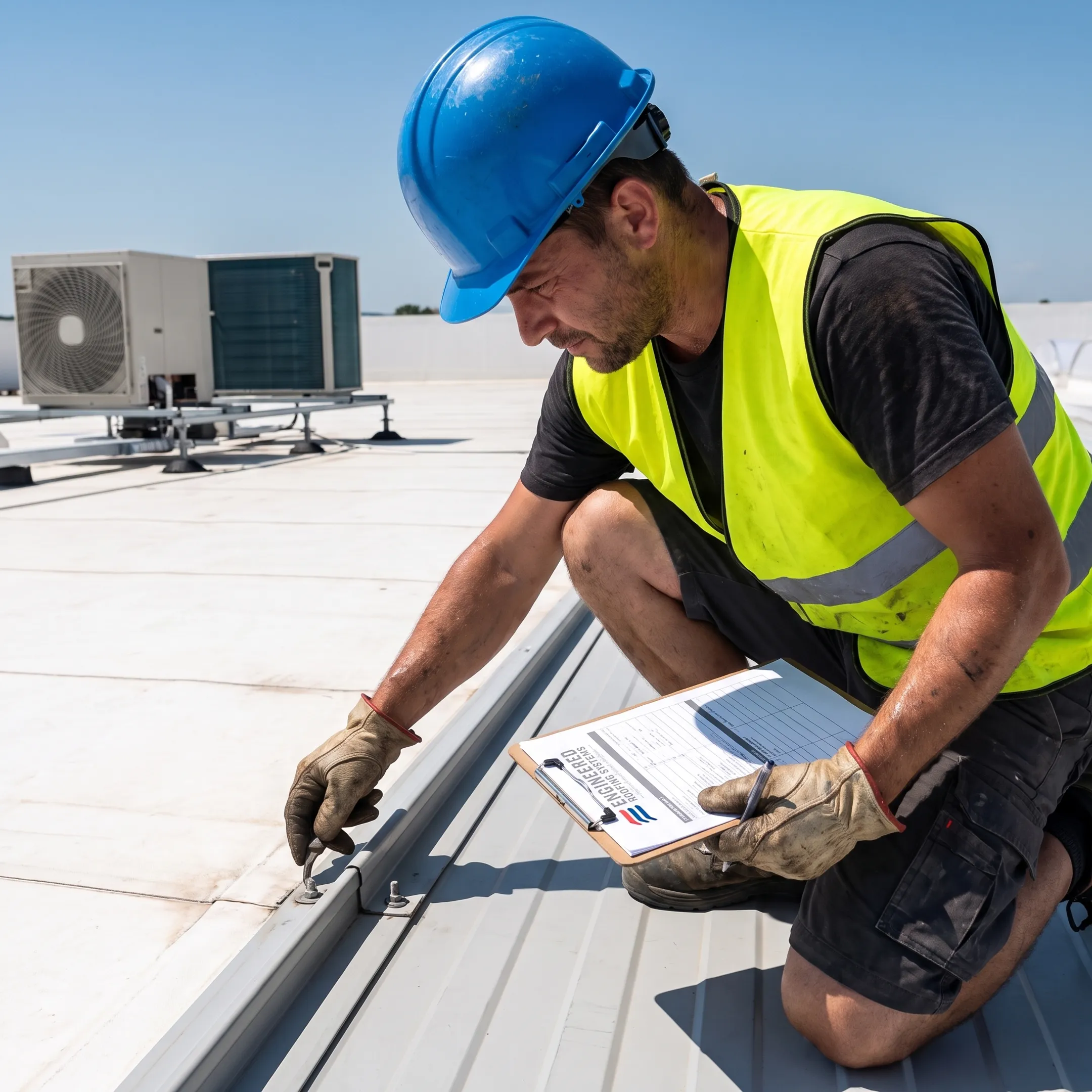 Commercial metal roof inspection in progress