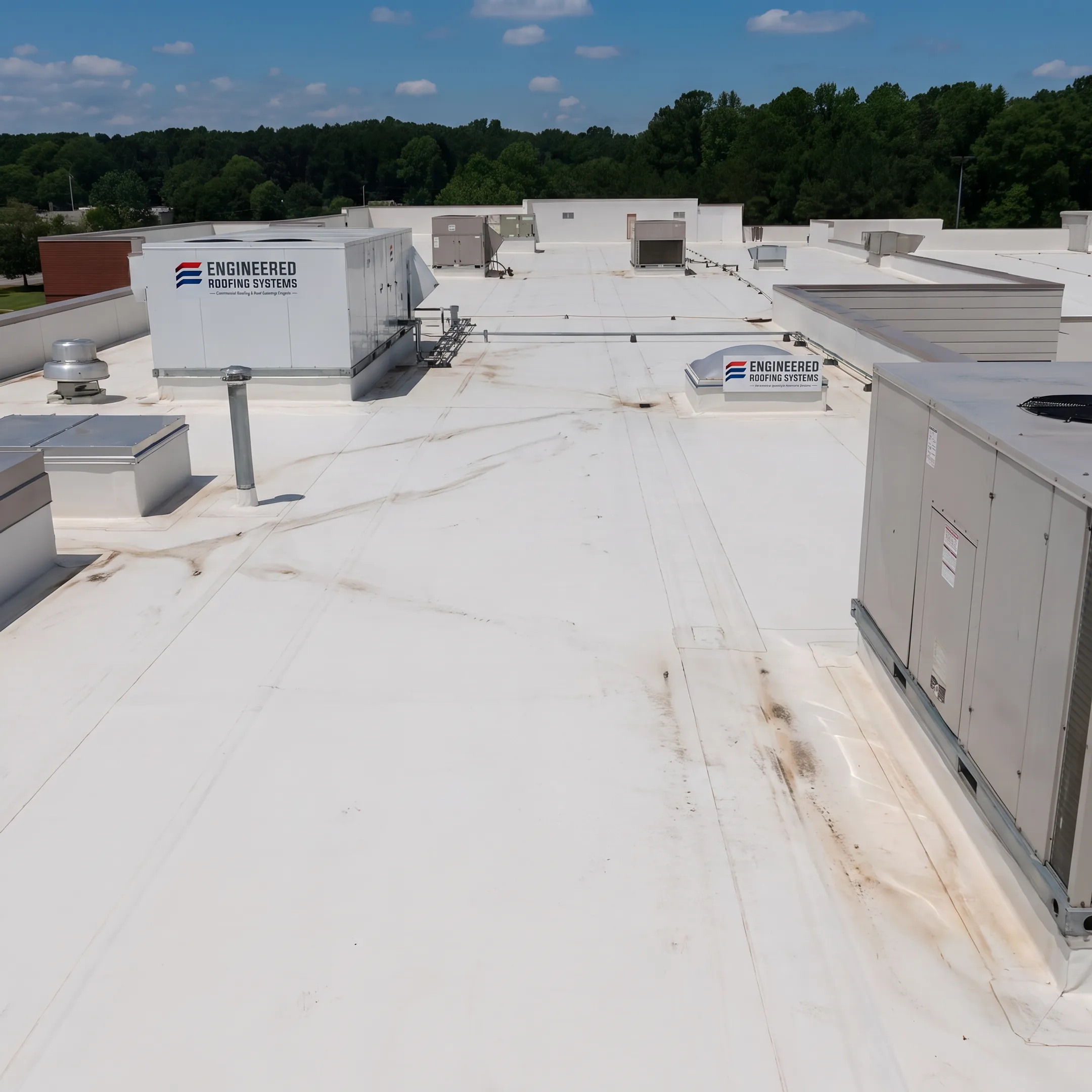 White PVC commercial roof membrane around HVAC equipment
